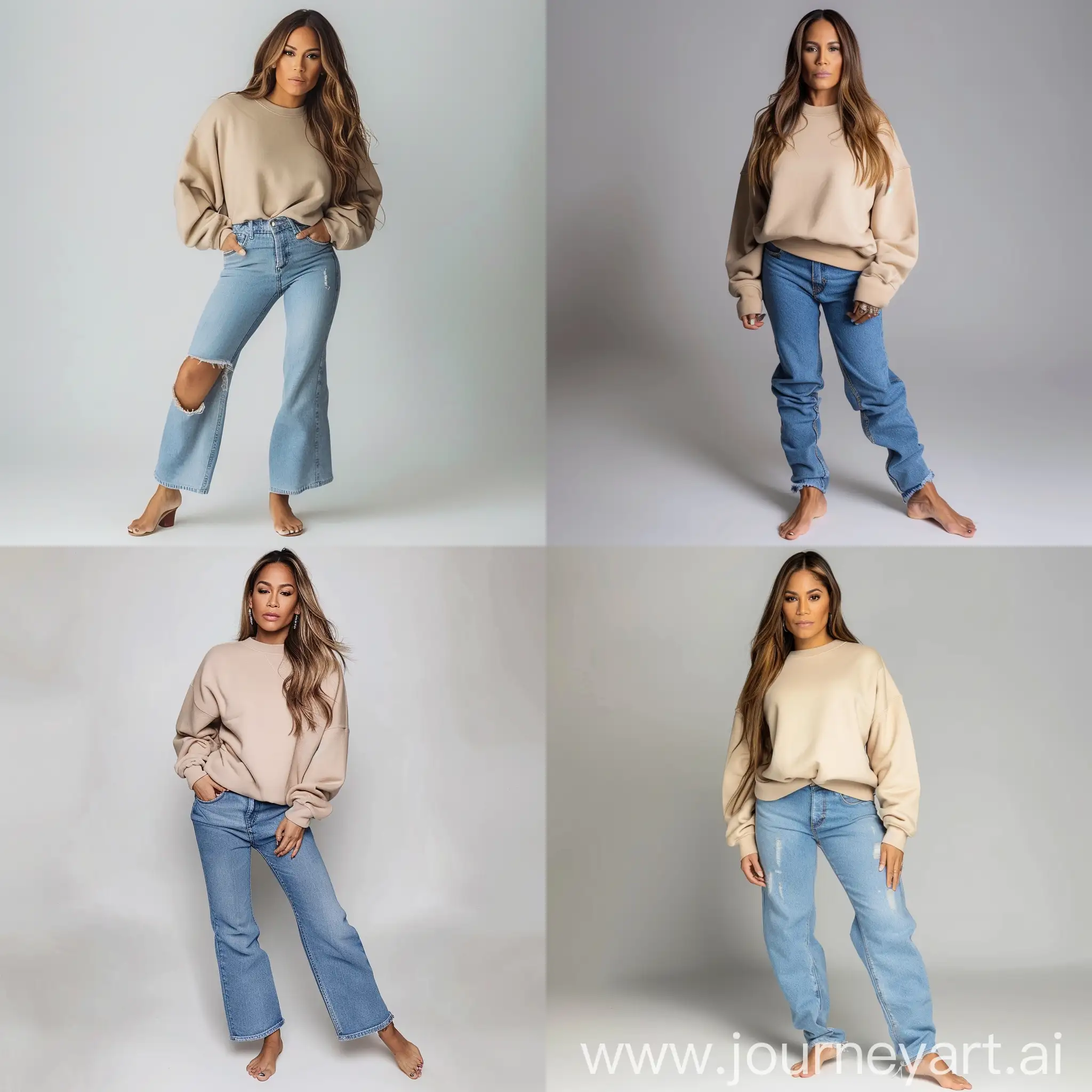 Jennifer-Lopez-Fashionably-Stands-Tall-in-Beige-Sweatshirt-and-Blue-Jeans