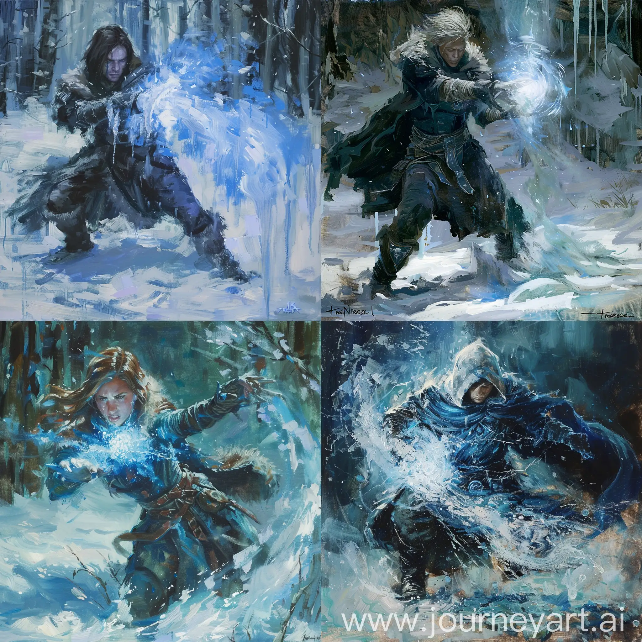 Battlemage using frost magic to freeze the ground.
In the art style of Terese Nielsen oil painting