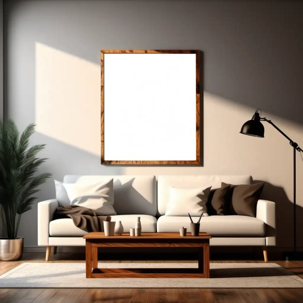 wooden poster white blank frame mockup, reflection, shadow overlay, cozy living room, farmhouse stlyle, warm room, 4K, exclude random objects,