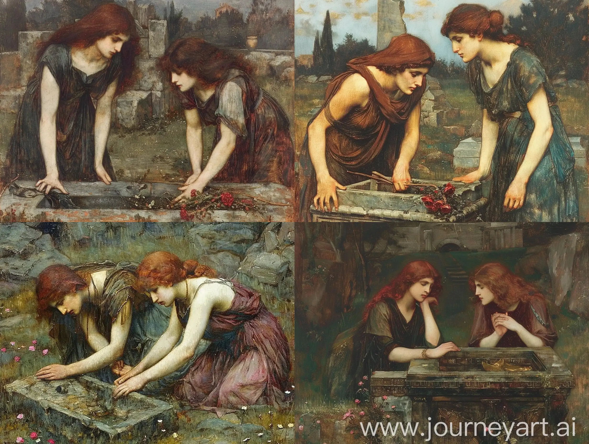 A John William Waterhouse painting of Greek mythology. It Shows Electra and Orestes on the grave of their father. Both have reddish brown hair.