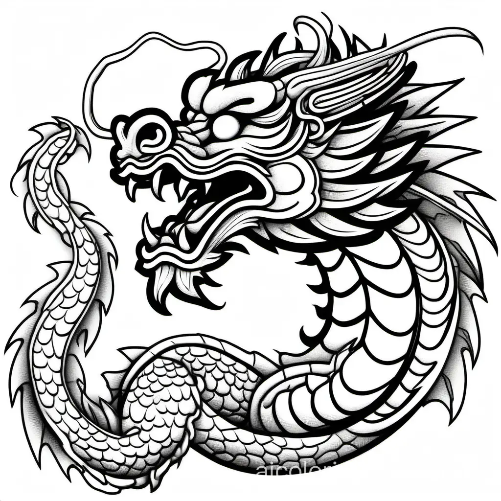 Chinese Dragon, Coloring Page, black and white, line art, white background, Simplicity, Ample White Space. The background of the coloring page is plain white to make it easy for young children to color within the lines. The outlines of all the subjects are easy to distinguish, making it simple for kids to color without too much difficulty