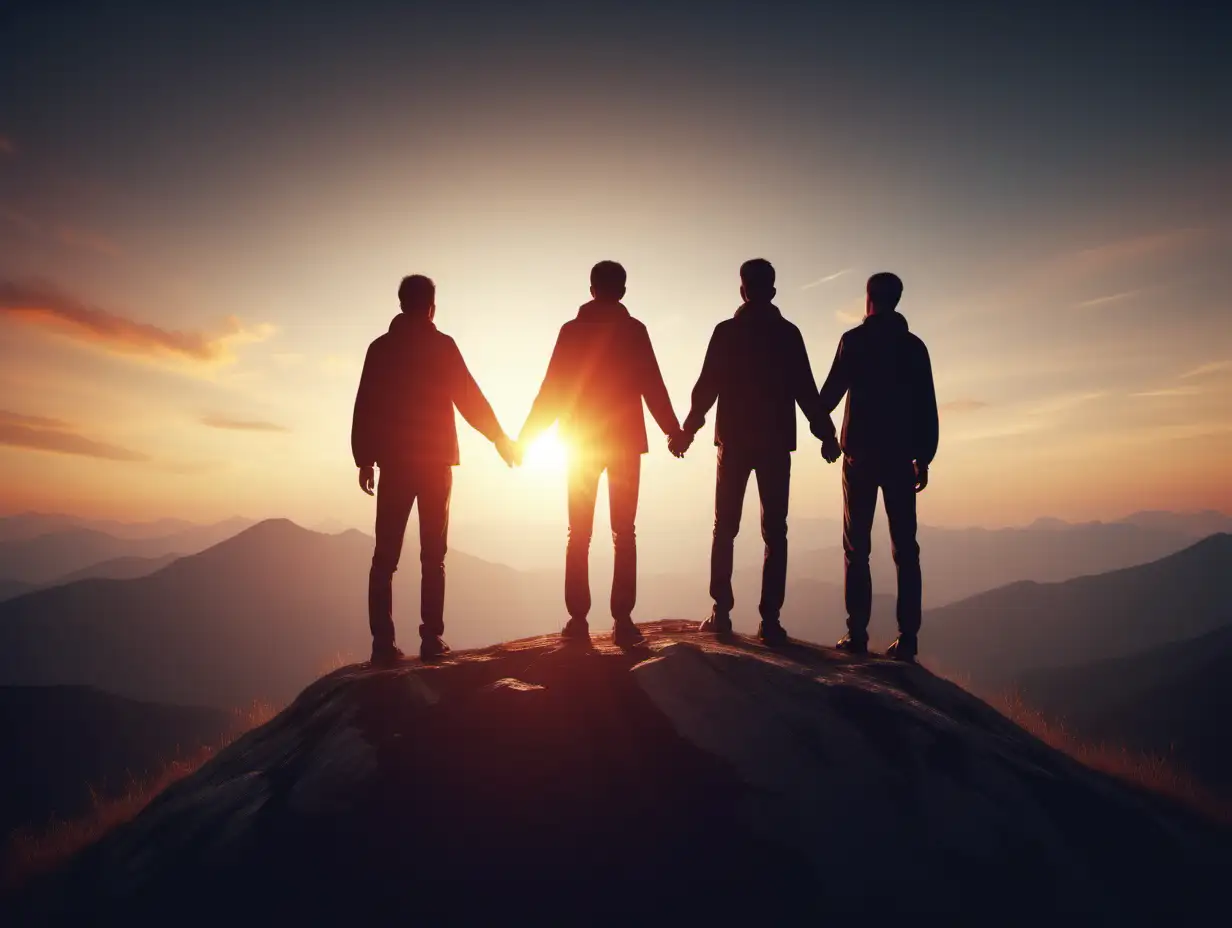 Teamwork concept with friends holding hands close to natural mountain top, sun set background