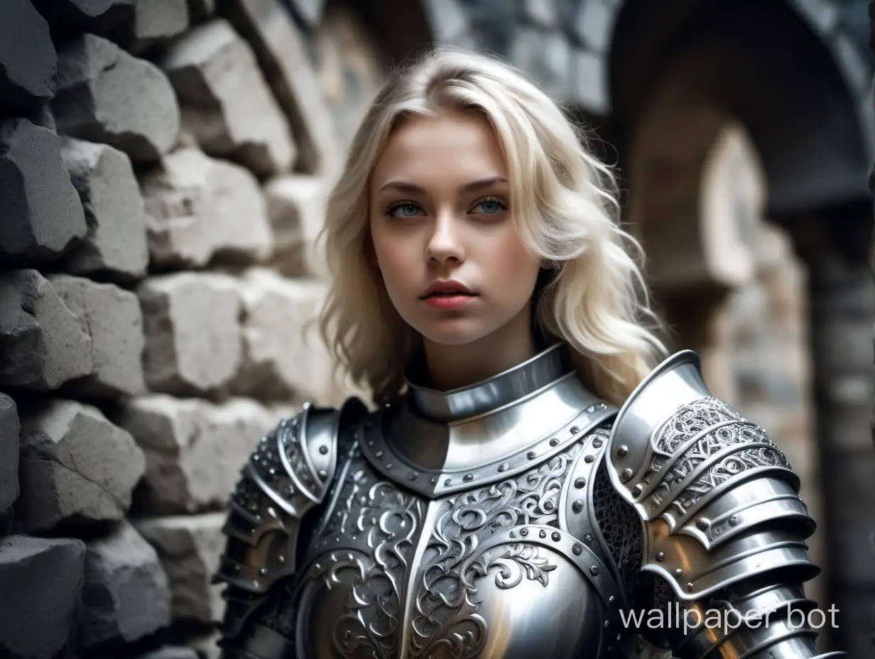 girl, blonde, 25 years old, girl knight, girl in armor, silver armor with pattern and inlaid stones, against the backdrop of stone masonry. Highly detailed, sharp images.