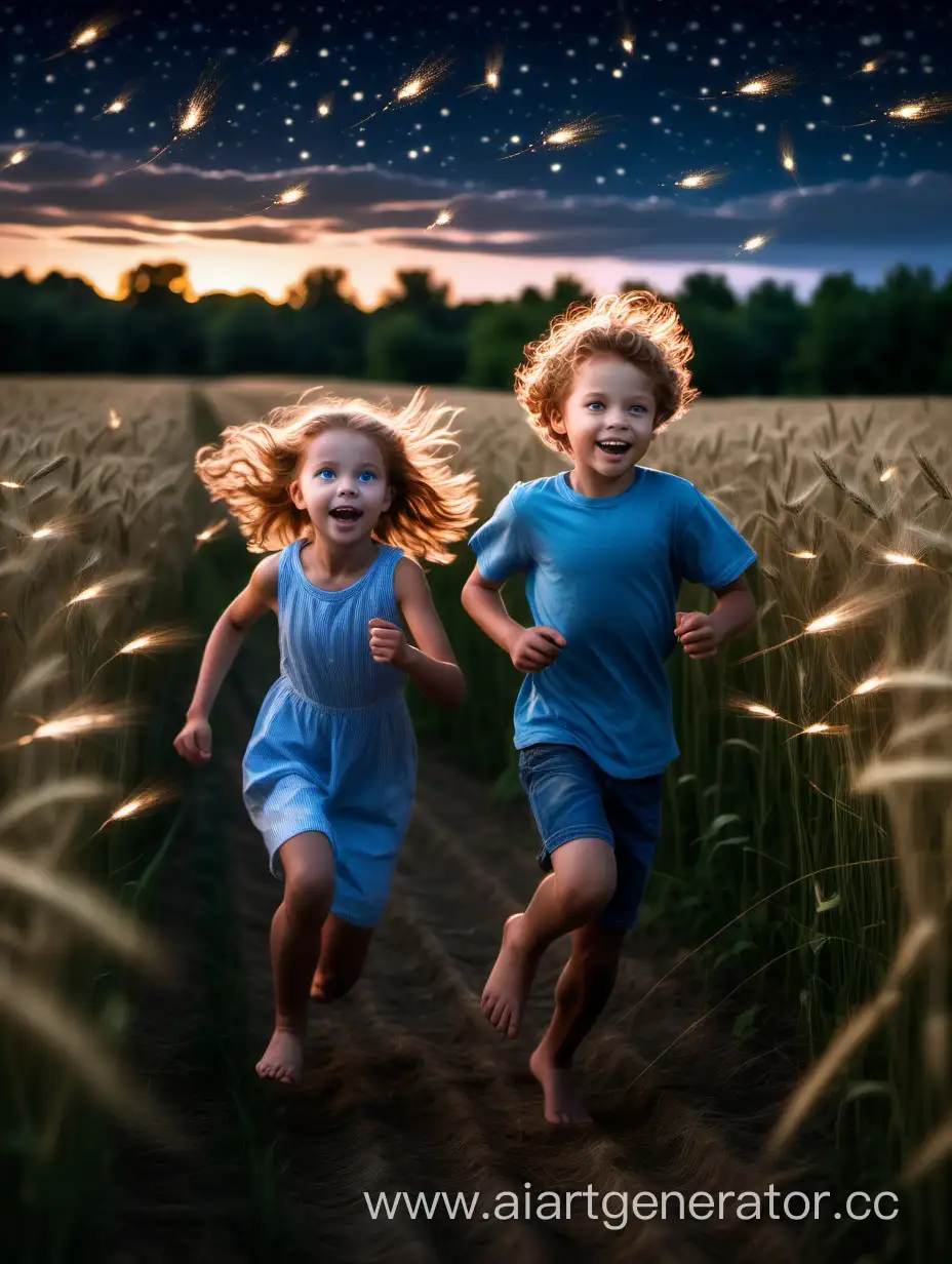 Siblings-Frolicking-in-a-Nighttime-Wheat-Field-under-Starlit-Sky