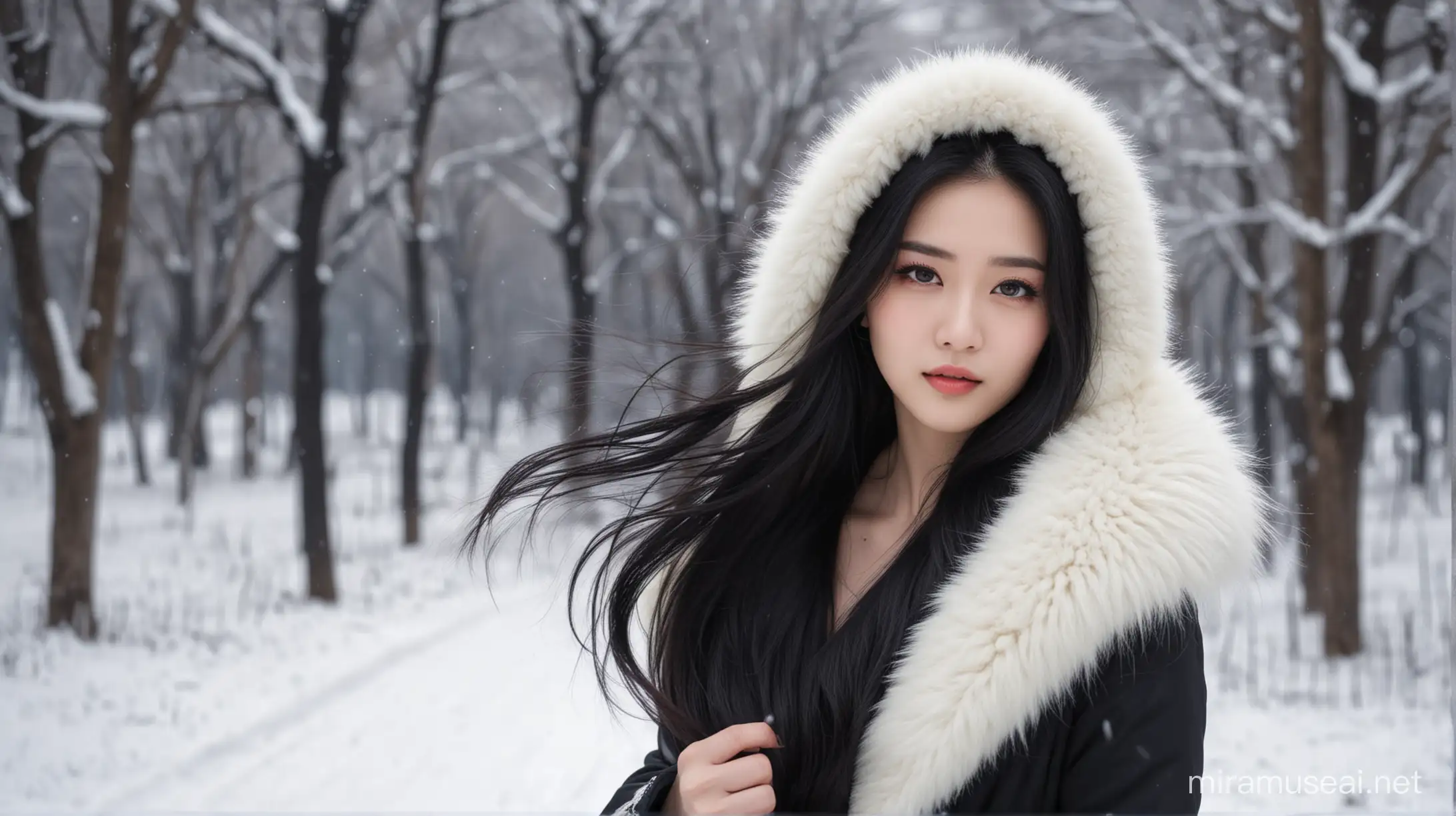 美女穿白色毛领黑色长款加厚羽绒服，冻得不行了，雪地，大风吹，东方，黑眼睛，长黑发，清纯优雅甜美