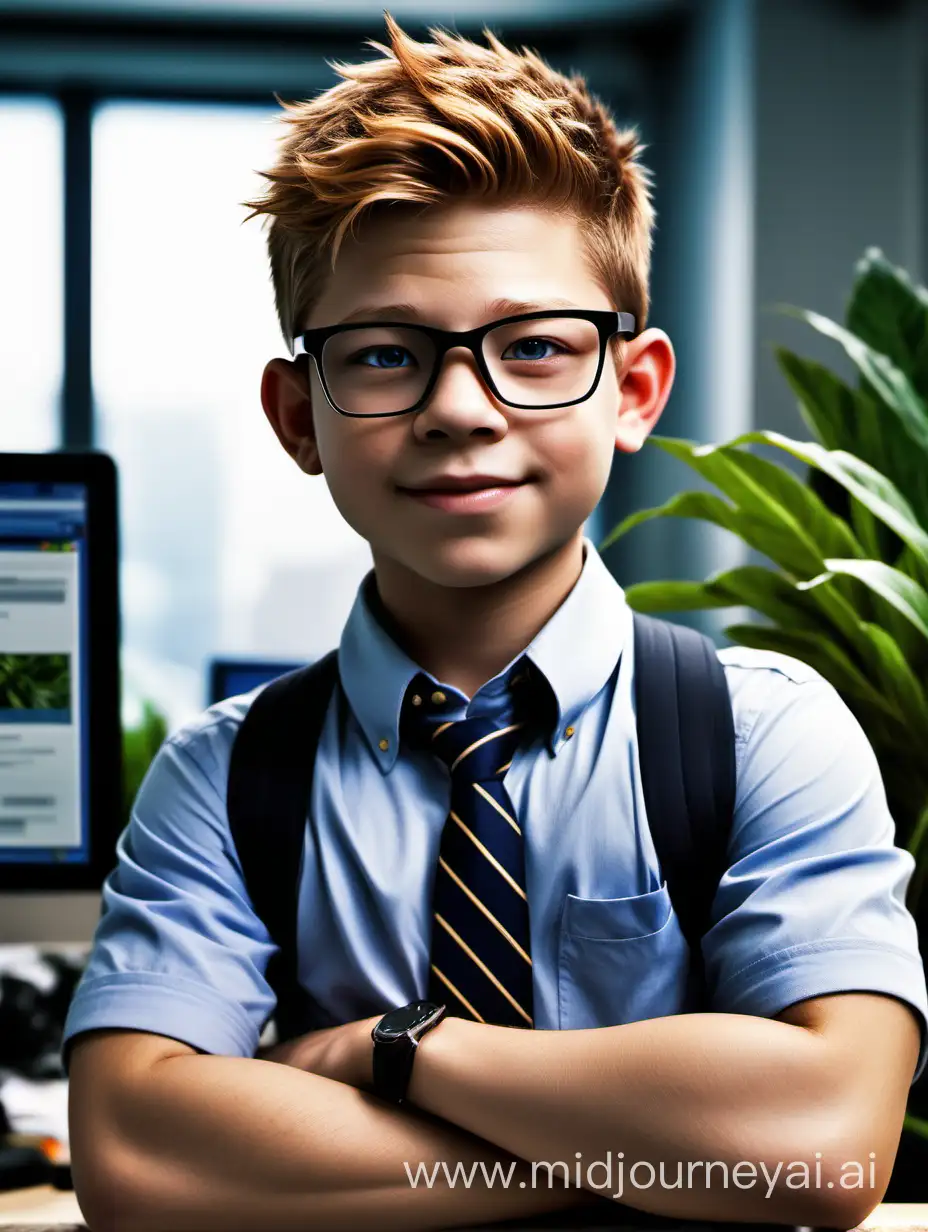 [boyish male] avatar, [very enthusiastic and helpful], loosely inspired by a more grown up version of [Jonathan Lipnicki's character in Stuart Little], [Eddie is a new junior employee in his early 20's at a new tech startup],  modern office background with desks, plants realistic.