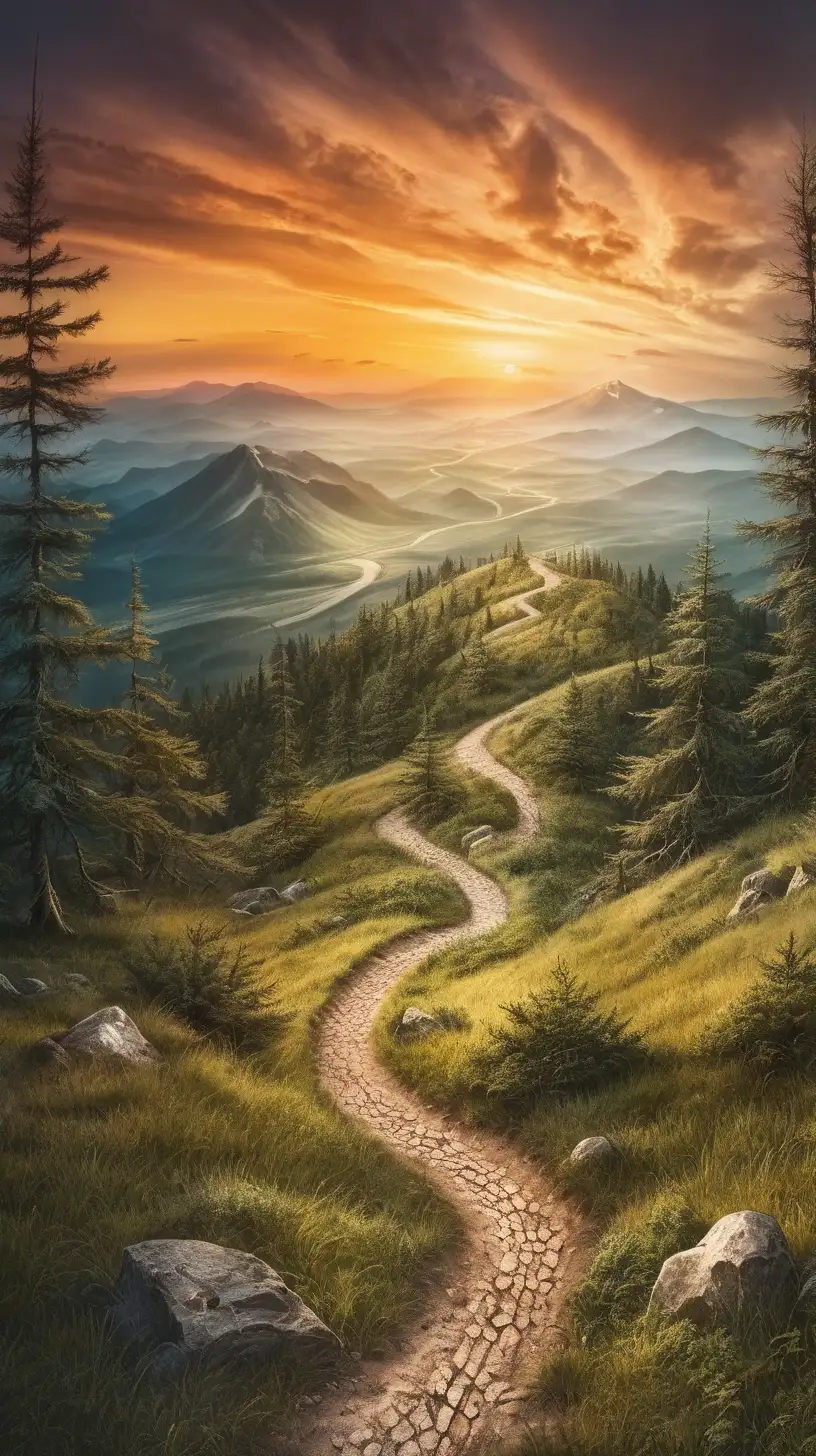 Apocalyptic Sunset Over Winding Forest Path in Mountain Landscape