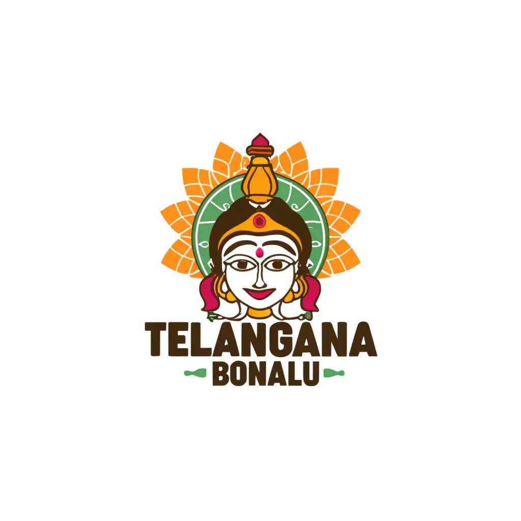 a logo design, with the text 'telangana bonalu', main symbol: Durga Devi with bonam, Moderate, clear background with clay pot with connecting vepa and mango leaves