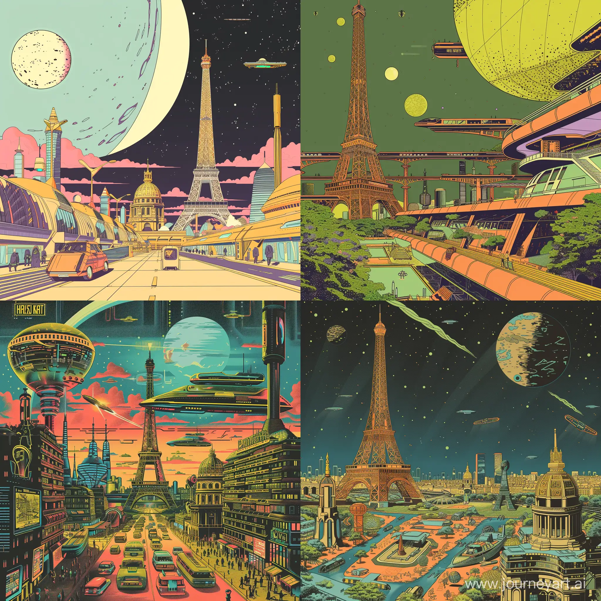paris in the future, in a 70s sci-fi illustration style