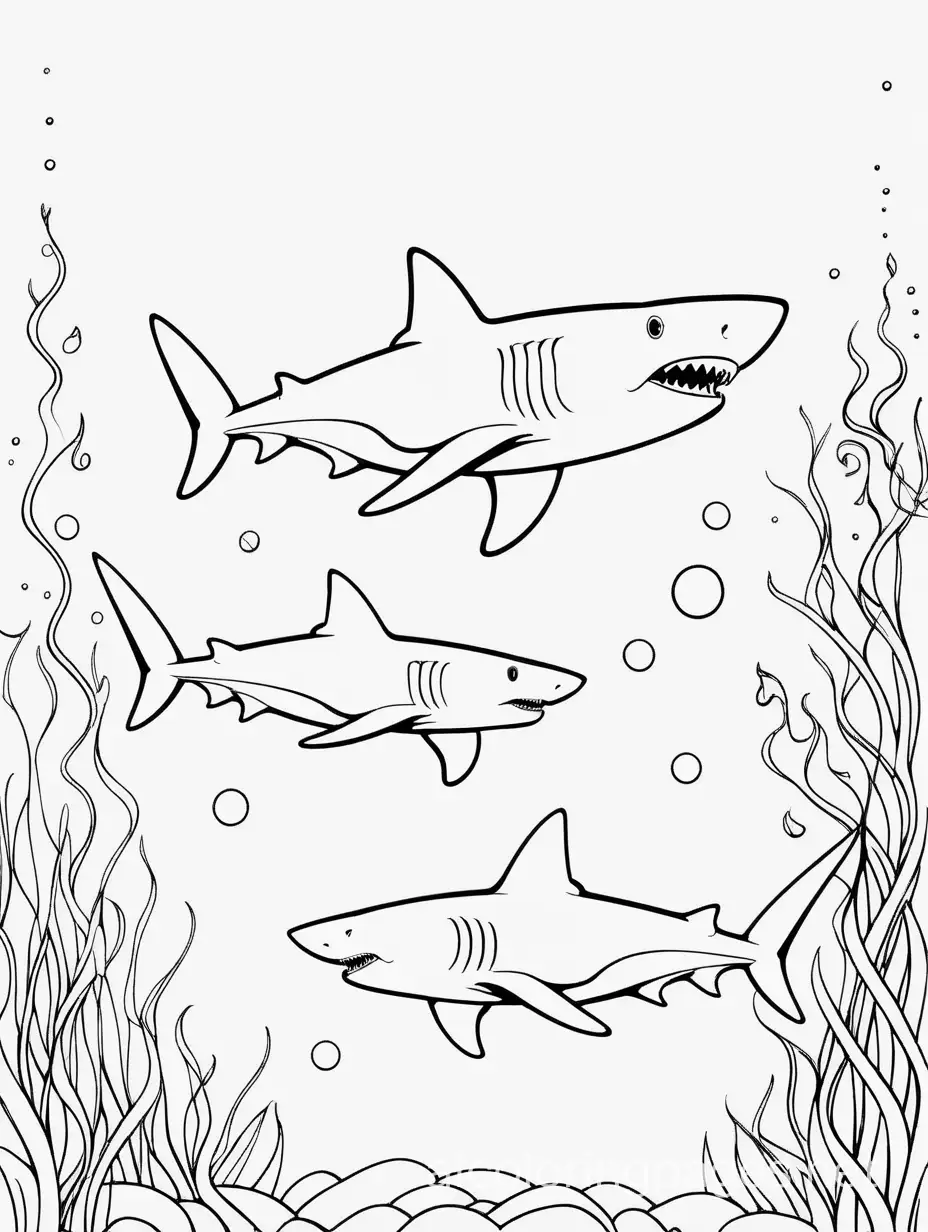Sharks, Coloring Page, black and white, line art, white background, Simplicity, Ample White Space. The background of the coloring page is plain white to make it easy for young children to color within the lines. The outlines of all the subjects are easy to distinguish, making it simple for kids to color without too much difficulty