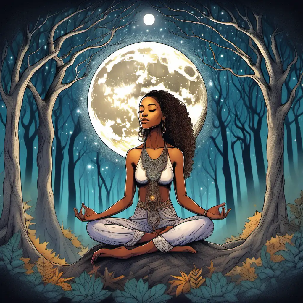 peaceful and colorful drawing of a beautiful mixed race woman sitting in meditation in the forest with a huge moon in the background.  Her ethereal soul hovering above her body. 