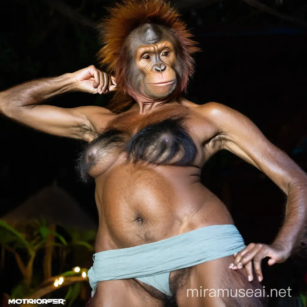 A very hairy woman transform to wereorangutan showing the very hairy female body with brown skin and sweaty hairy female boobs and hairy brown orangutan faces and long hairs