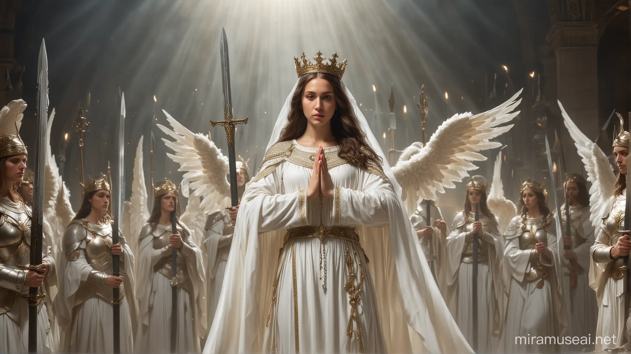 Young woman Virgin Mary with veil and crown on head, in white dress, over dressed in full armor with a sword in a hand staying in front of large army of angel warriors with wings, lighting background