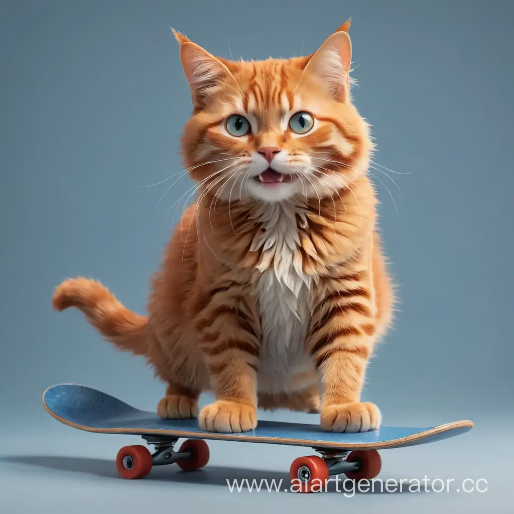 рыжий кот на синем скейте с поднятой лапой на прозрачном фоне