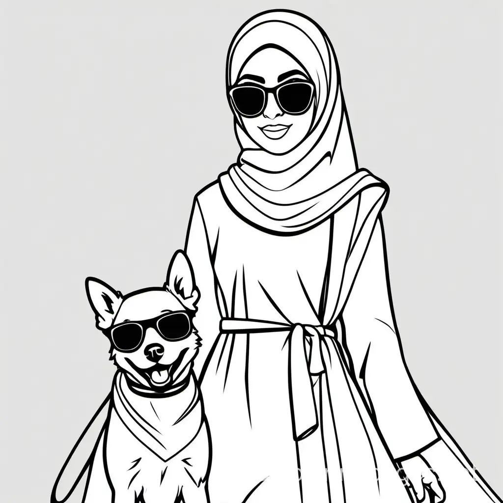 Hijab-Girl-with-Black-Sunglasses-and-Guiding-Dog-Coloring-Page