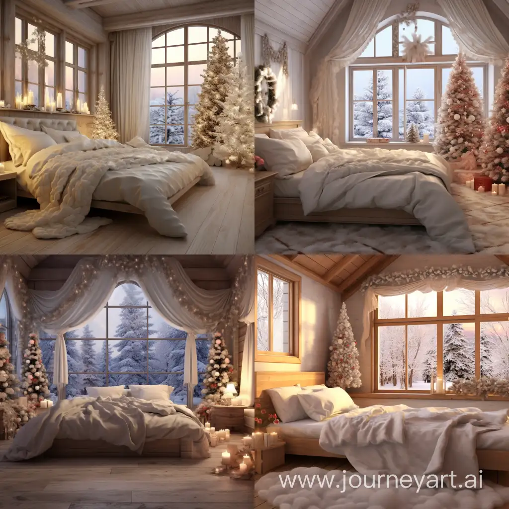 Cozy-Bedroom-Scene-White-Bedding-Christmas-Tree-and-Snowy-Village-View
