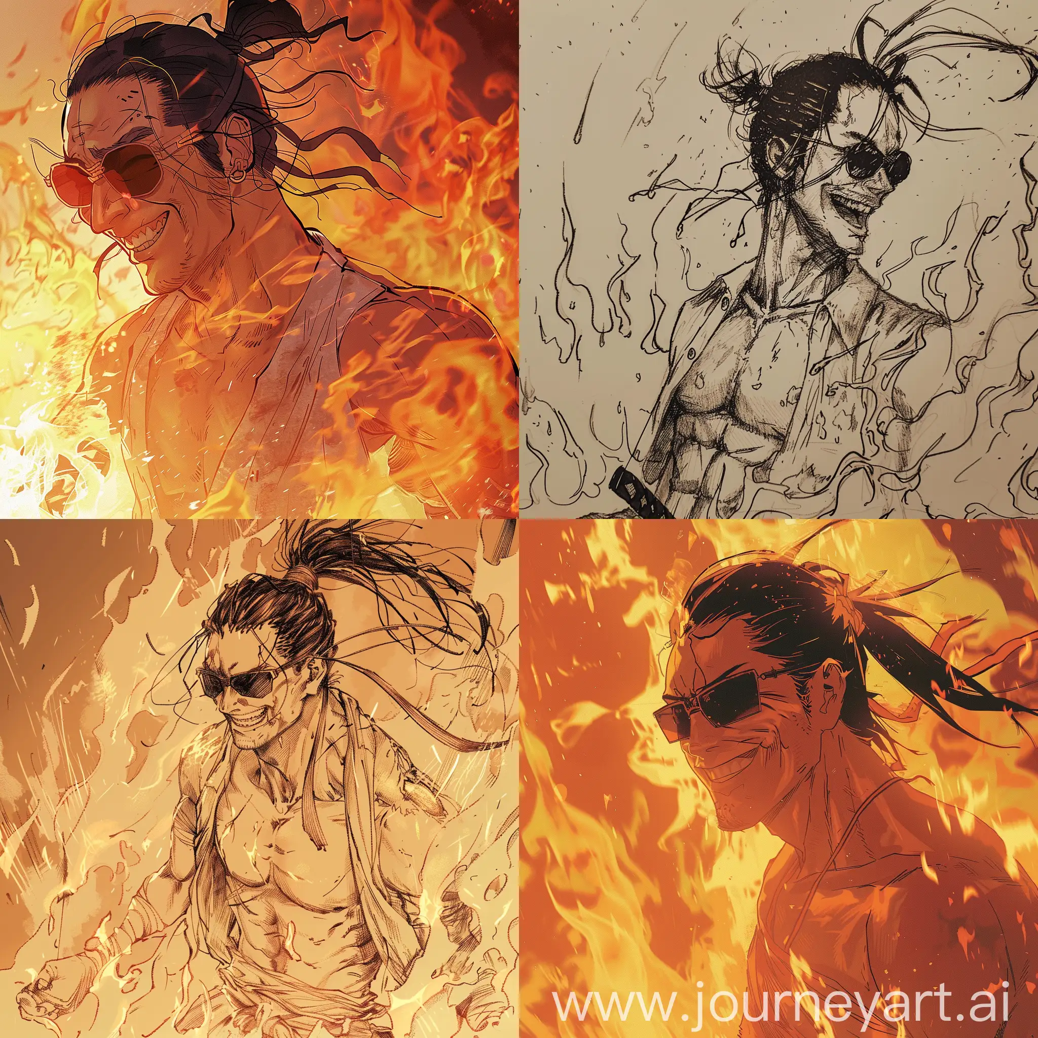 A samurai with his hair tied and wearing sunglasses is standing in the flames and smiling. He has an incredible physique. He is young and thin. We see it from the side, his face is not fully visible. Hand-drawn with a maniacal hell theme