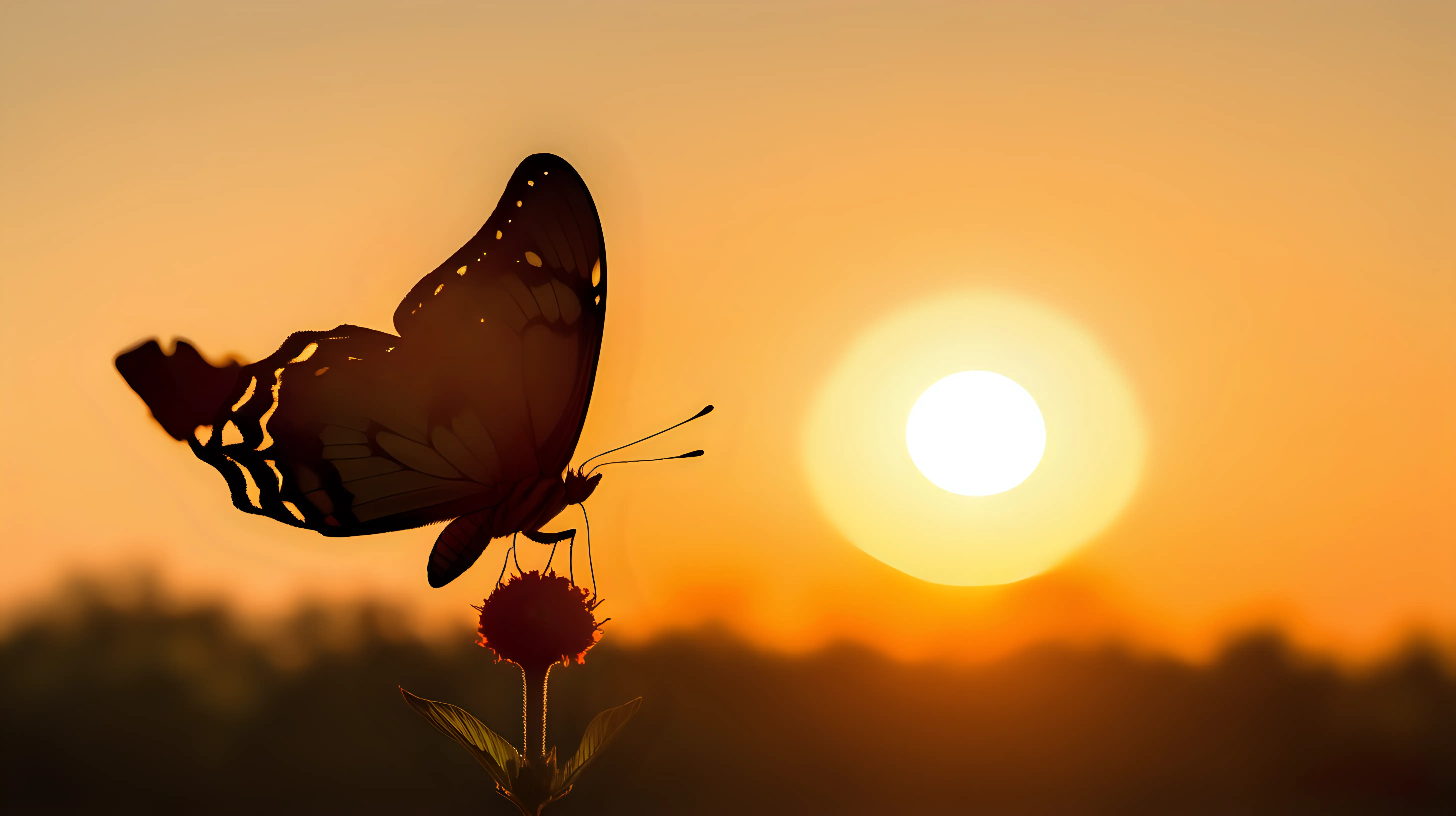 "In the golden hour light, capture the silhouette of a butterfly against the setting sun, capturing the essence of tranquility and serenity."