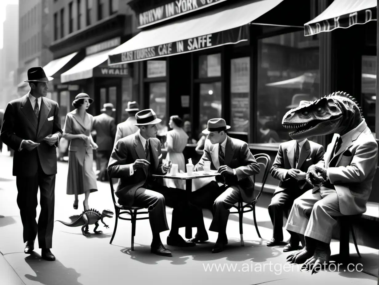 черно белая реалитсичная фотография, в стиле документалистики 30-50годов нью йорк. улица, в уличном кафе сидят рептилии в костюмах и платьях как у людей, по улице идет динозавр в костюме и шляпе