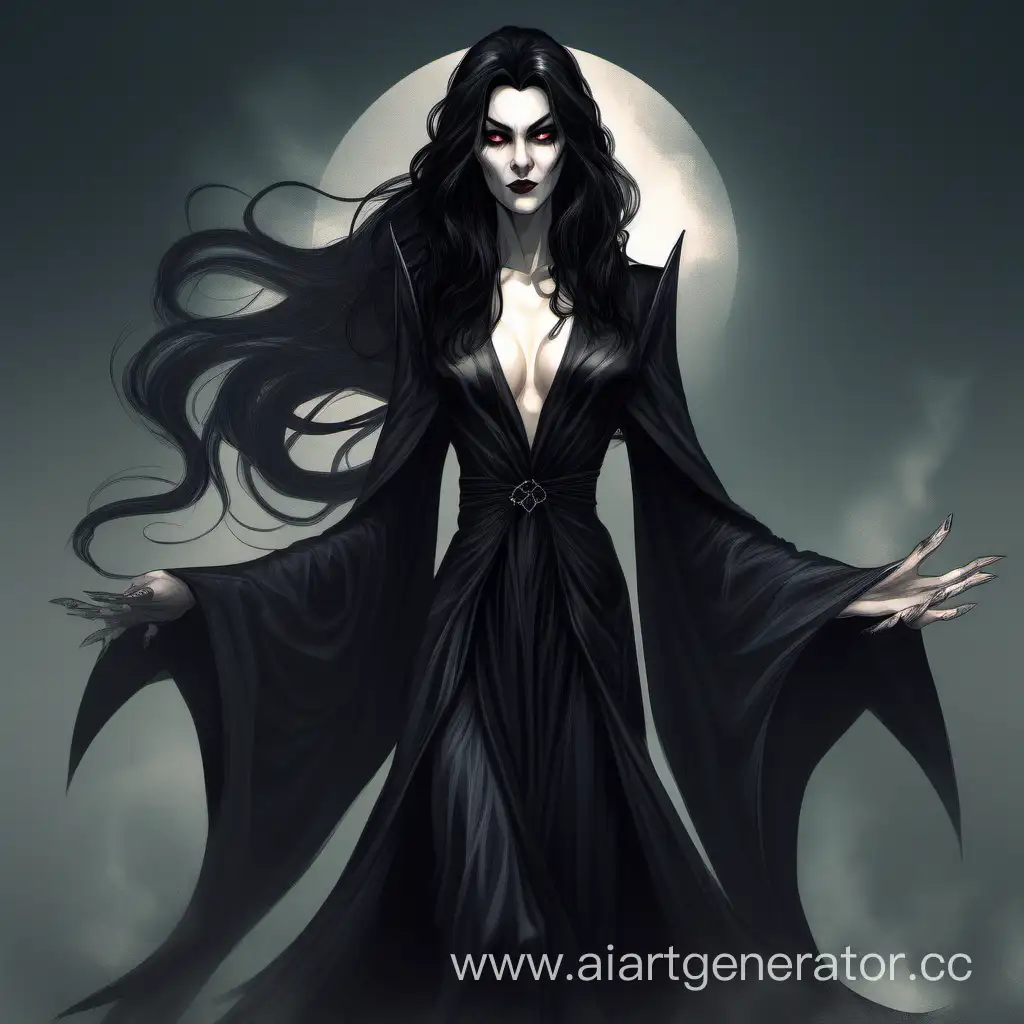 Tall, vampiric, black-haired elfin woman with predatory eyes. Elementalist. Wears black fit-and-flare robes with long, flowing sleeves. Grey eyes. Sharp, angular face and pale, lifeless skin. Hair parted in the middle, ending at her waist. 
Mentorly, teacher, intelligent, compassionate.