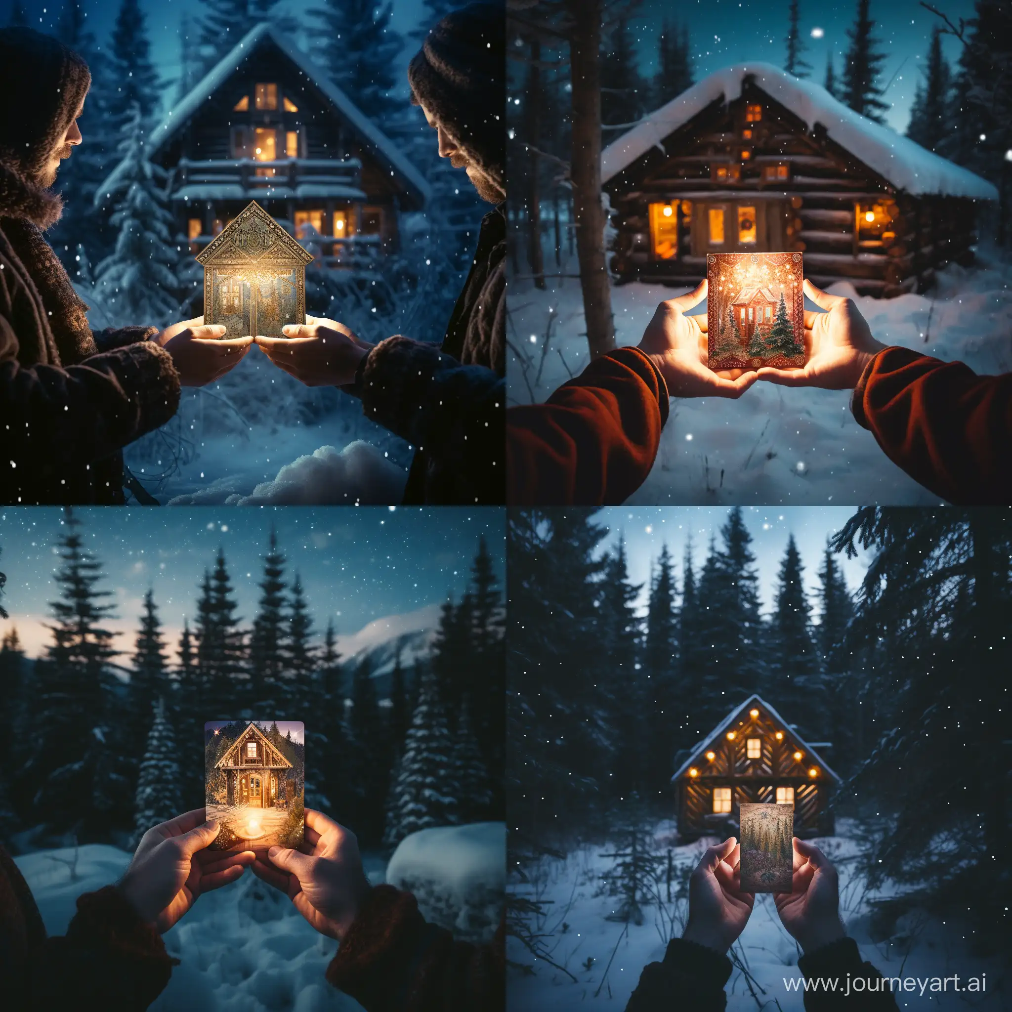 The background is a winter meadow with snow, on which a wooden house is located. Winter night with bright stars. In the foreground are the hands of a man holding tarot cards that emit a magical light. One of the cards has a spruce tree on it. flash photography, shot on Kodak Portra 