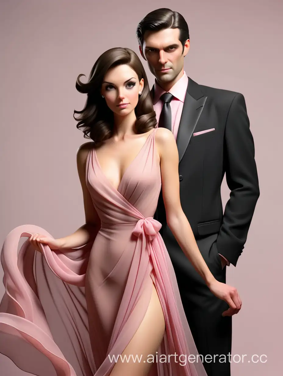 Elegant-Couple-in-Formal-Attire-Brunette-in-Pink-Chiffon-Dress-and-Man-in-Black-Suit
