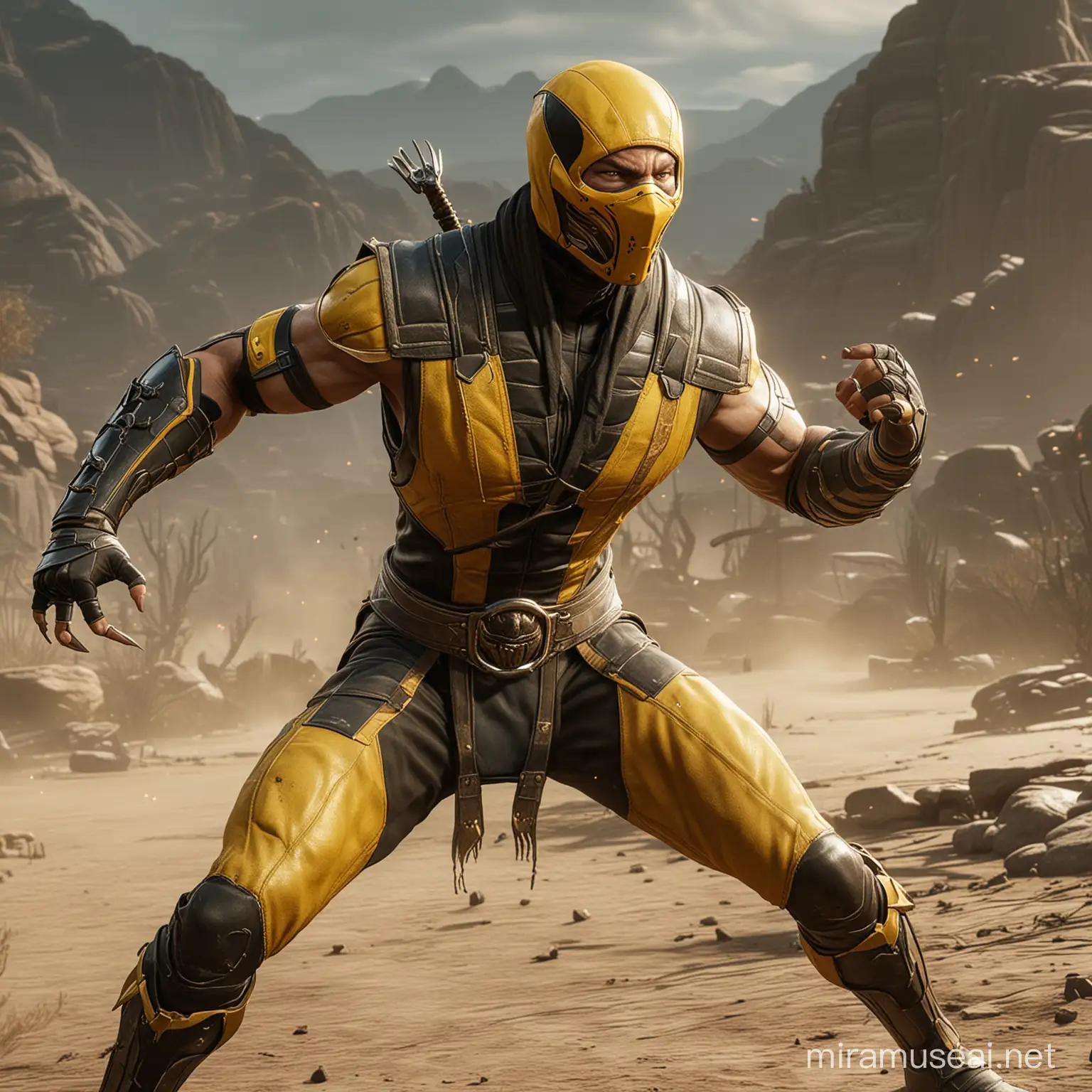 Scorpion from Mortal Kombat 11 Delivering a Powerful Punch