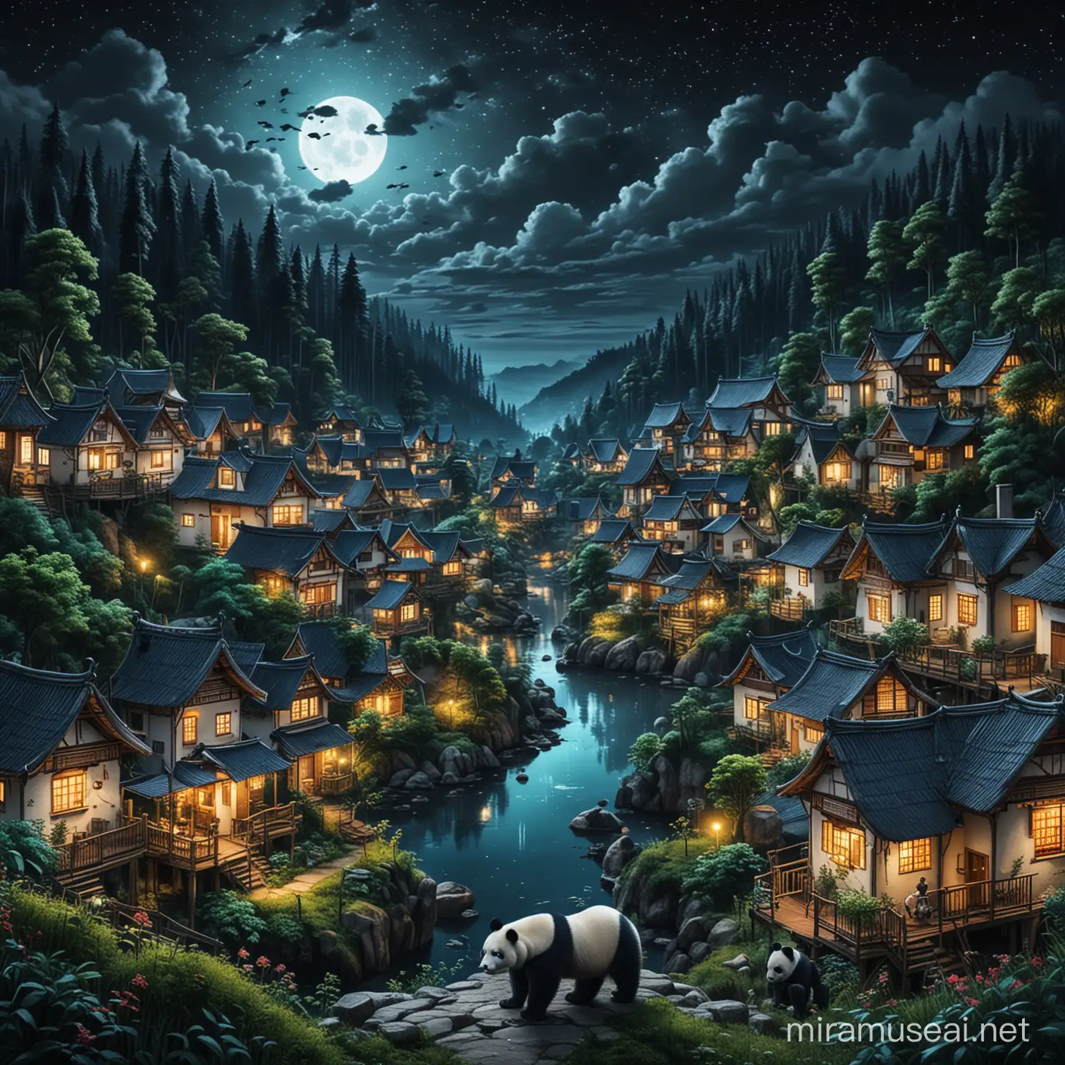 forest of houses night view with panda 