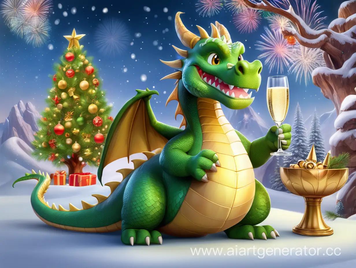 Дракон и новогодняя ёлка, дракон улыбается и держит в лапе Бакал с шампанским
