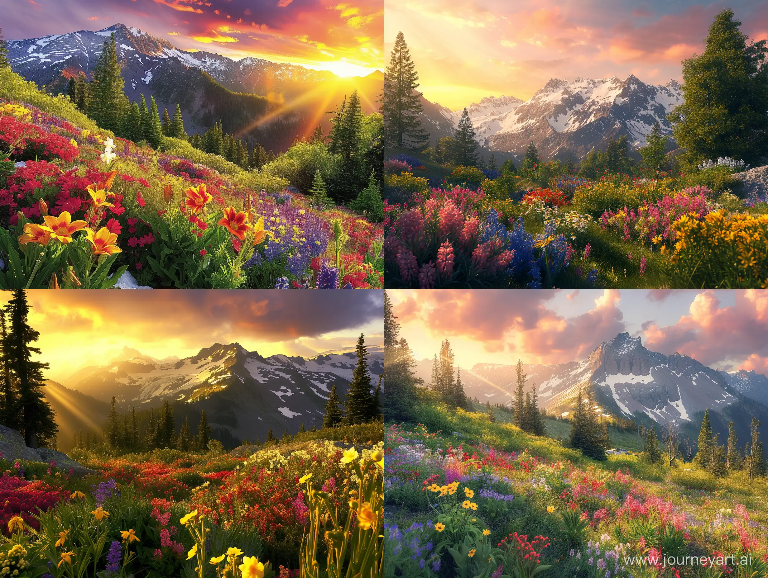 Vibrant-Sunset-Landscape-Majestic-Mountains-Colorful-Flowers-and-Sunrays