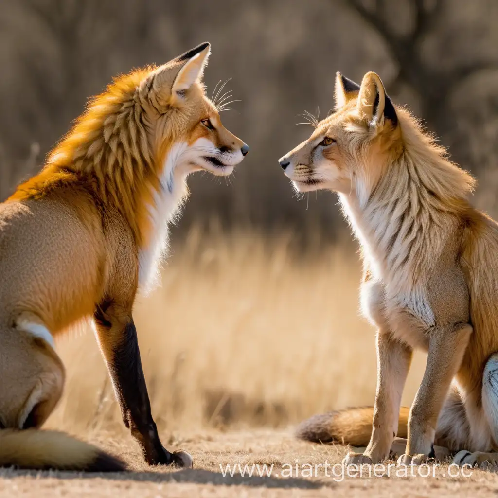 Interspecies-Conversation-Fox-and-Lioness-Engage-in-a-Thoughtful-Discussion