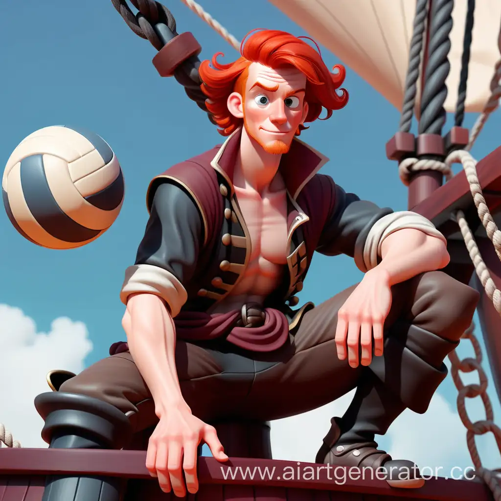a young red-haired man sits on the mast of a pirate ship, he has a volleyball in his hands