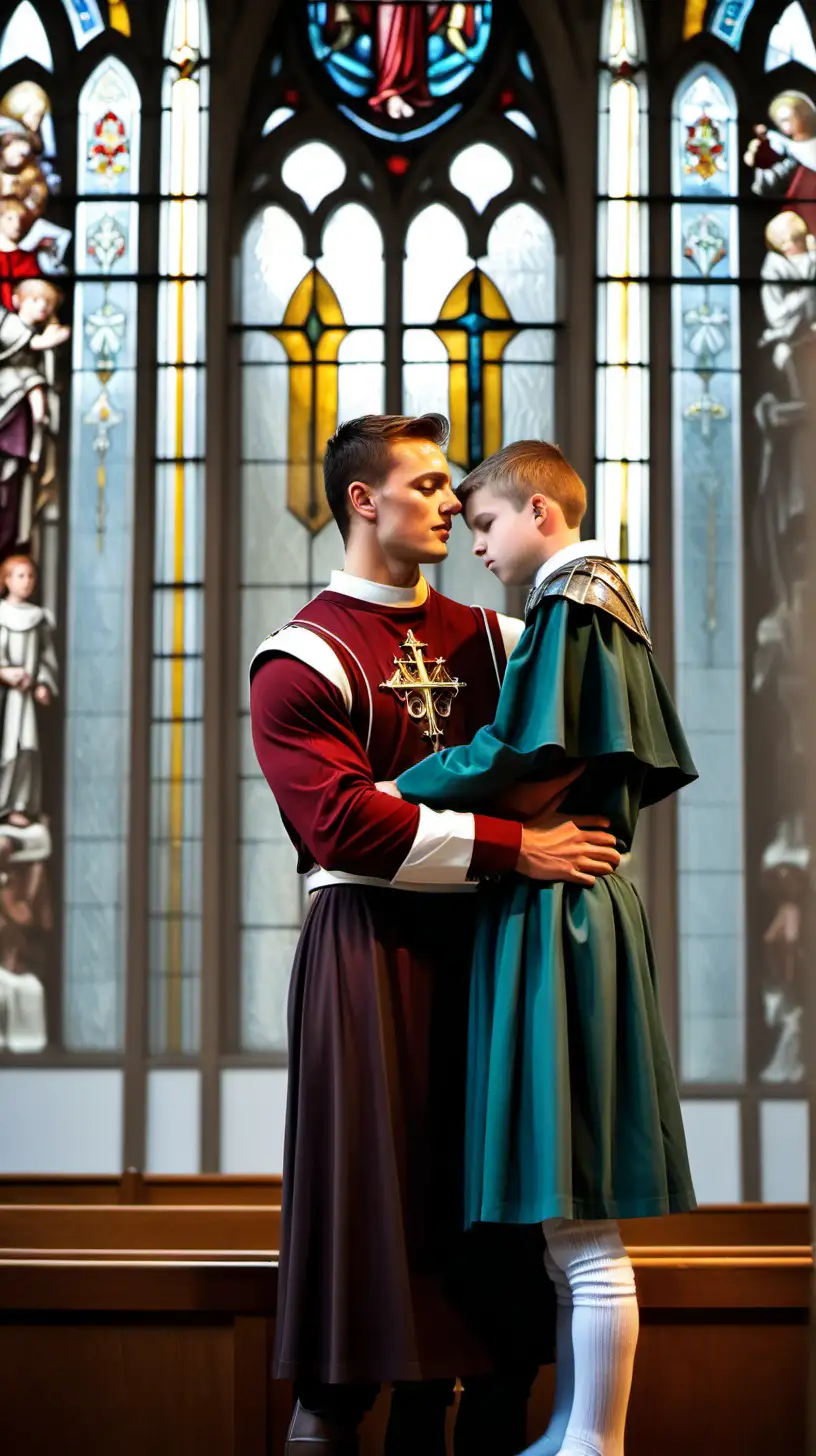 Handsome 30s muscular tall knight hugging his short altar boy brother short hair stained glass church