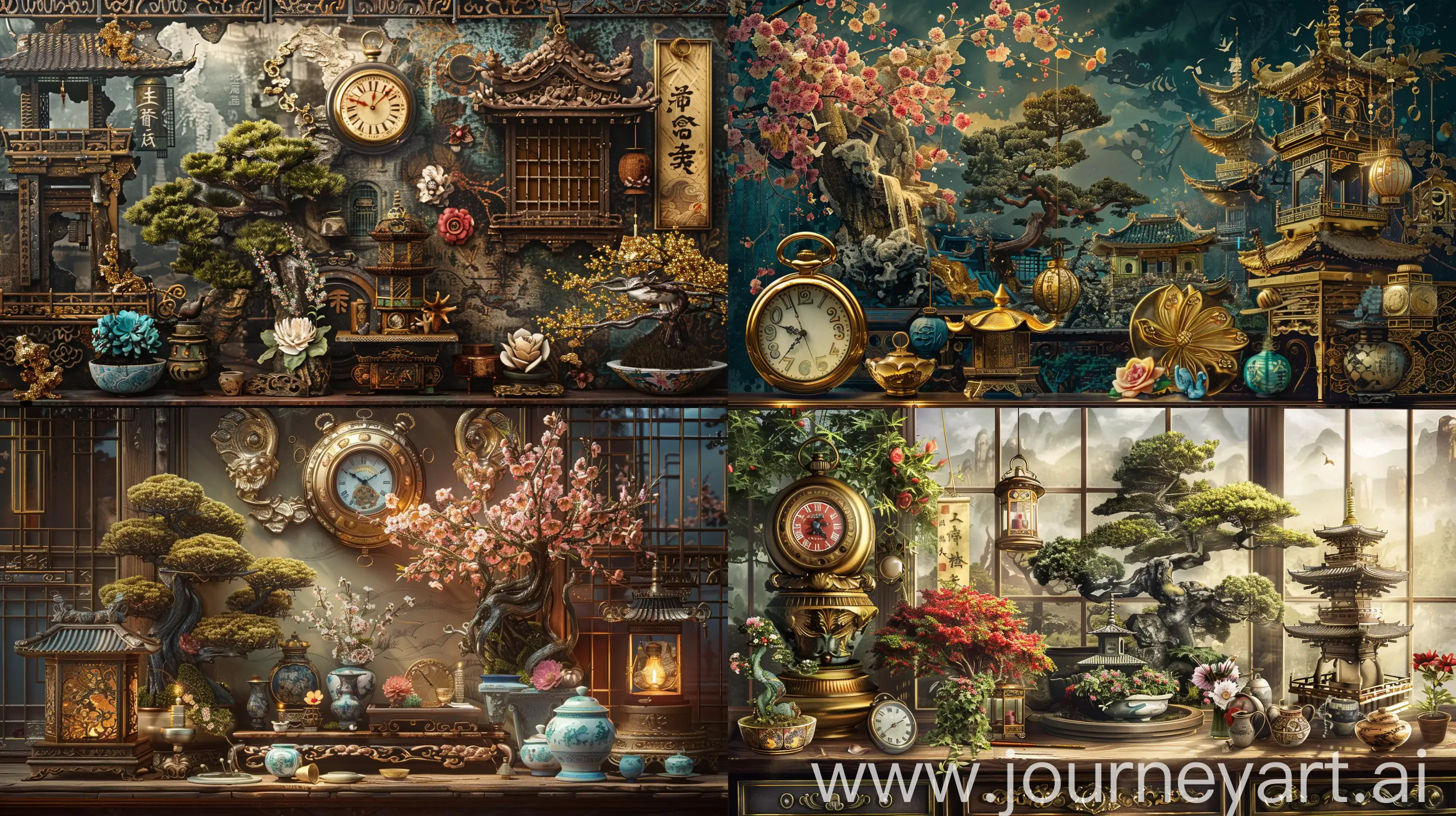 **elegantism, insane detail, painting masterpiece ,Extreme authentic decor , pocket watch, bonsai, flower, lantern, porcelain, perfect exact rendering, embellished and intricate architectural ornamentations, many japan artifacts, gold, epic and great, greebles::2 --ar 16:9 --q 1