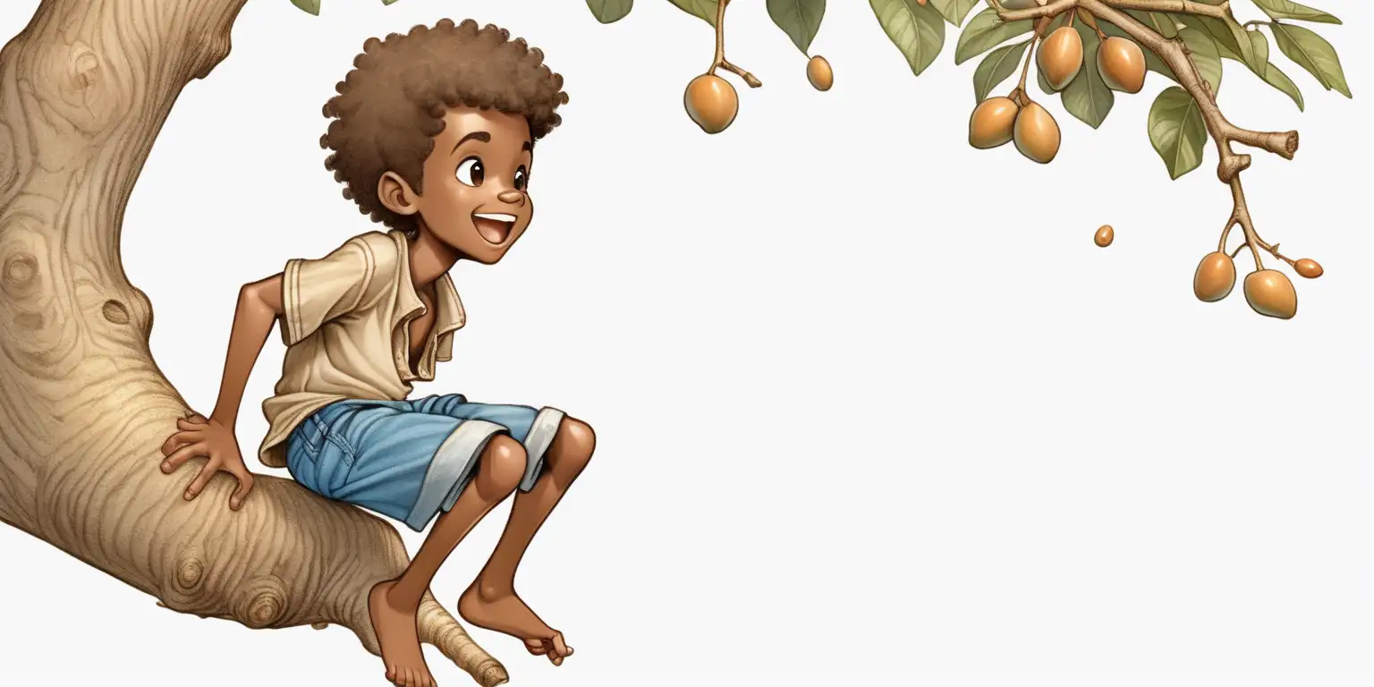 children's muted art illustration, full figure 10 year old african brown boy character, happy, sits on a thick tree branch with his bare feet dangling down eating morula fruit, wearing faded blue shorts and brown shirt, barefoot, cute poses and expressions, full colour, side view, back view, front view, no outline