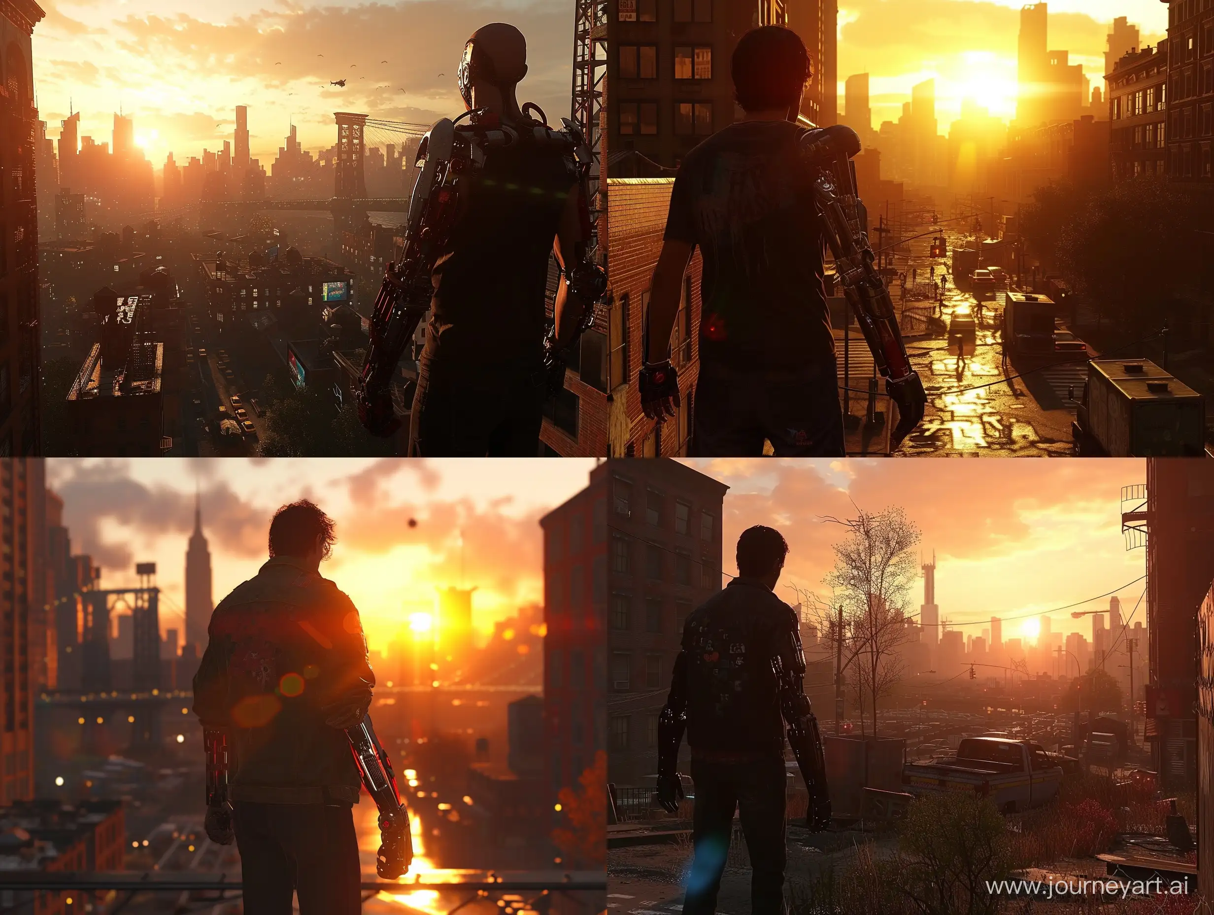 a screen capture showcasing a 1st person view perspective of man with a bionic arm standing, natural lighting, sunset time, environment, a bustling new york, wide view, science fiction, visuals,
