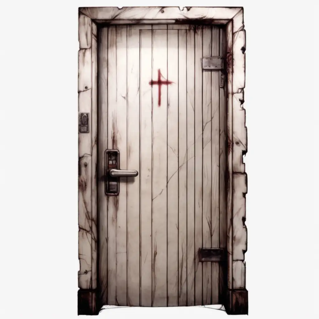2d Asylum patient door concept art, Silent Hill style, plain background