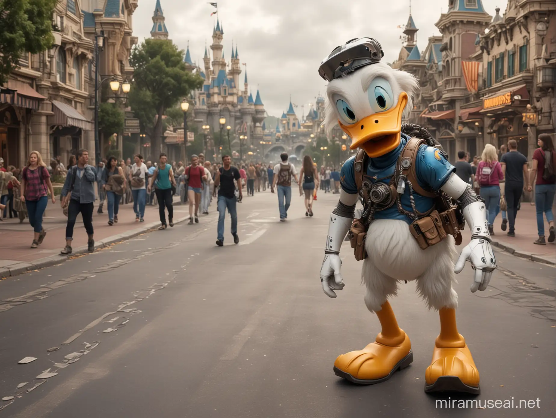 [Realistic conversation: Donald Duck as a cyborg from the year 2085. Background Disneyland and people running in fear away.]::3.5 [Color hyper realistic]::6.5 --ar 9:16 --s 400 --v 4