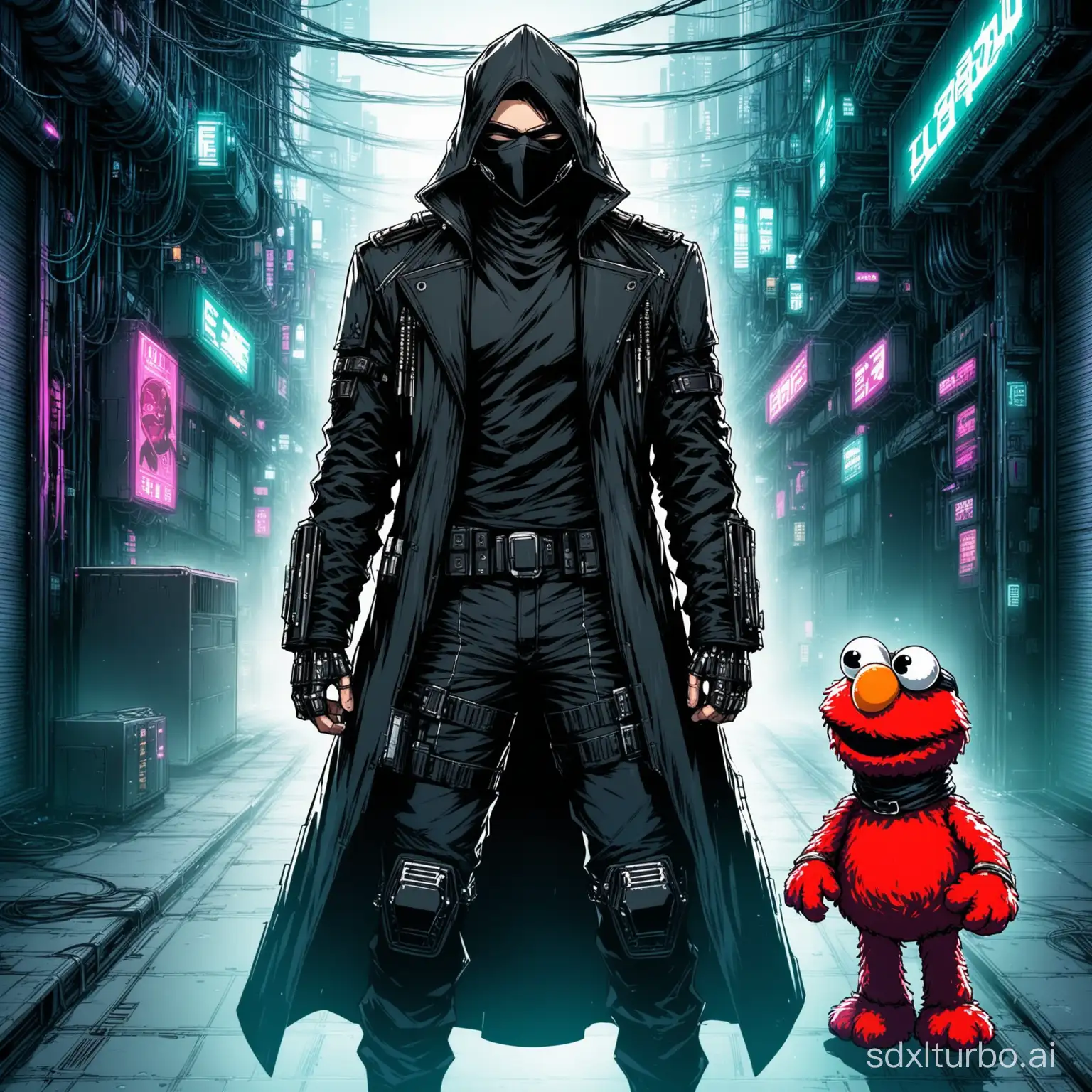 Cyberpunk Anime Masked man with elmo mask and el zorro clothes dressing style