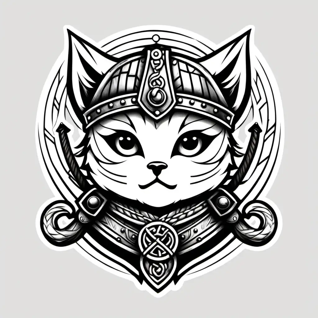 Kitten Viking Simple Illustration with Bold Black Lines and White Background