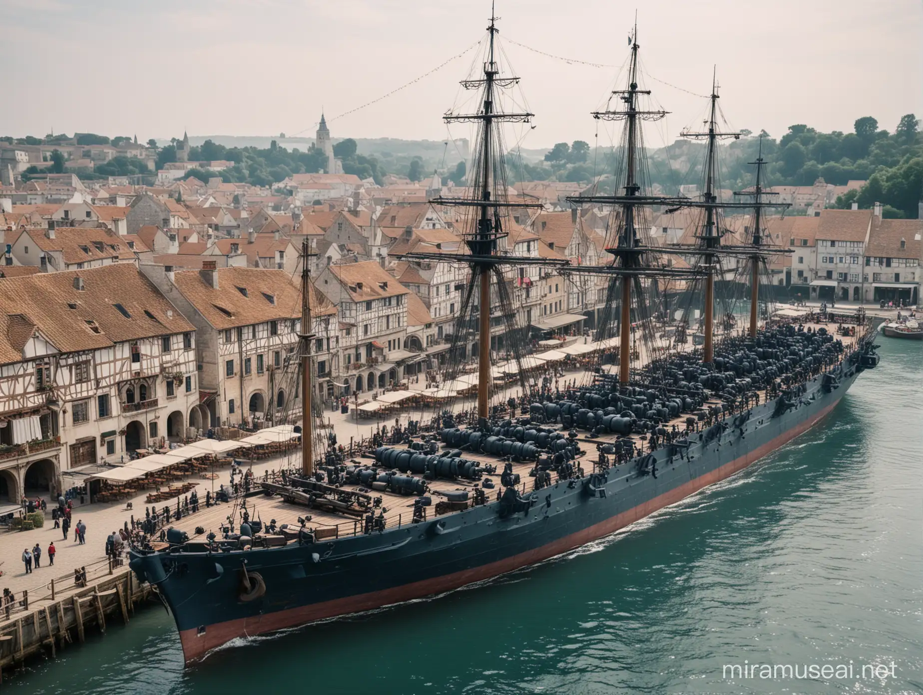 A large navy warship with many rows of cannons docked in a medieveal village. 