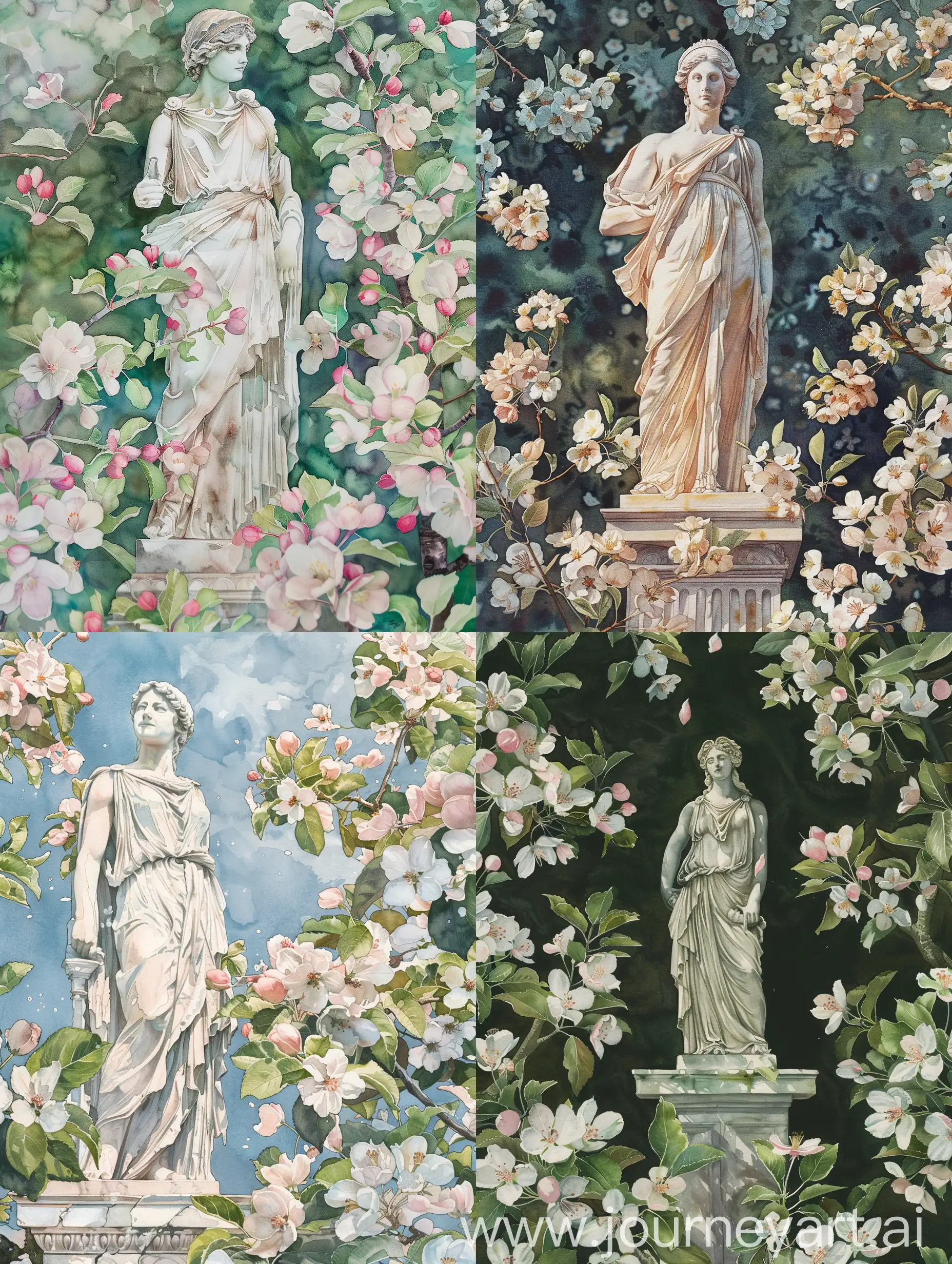 Antique Themis stands tall surrounded by apple blossoms, watercolor style, Victor Ngai