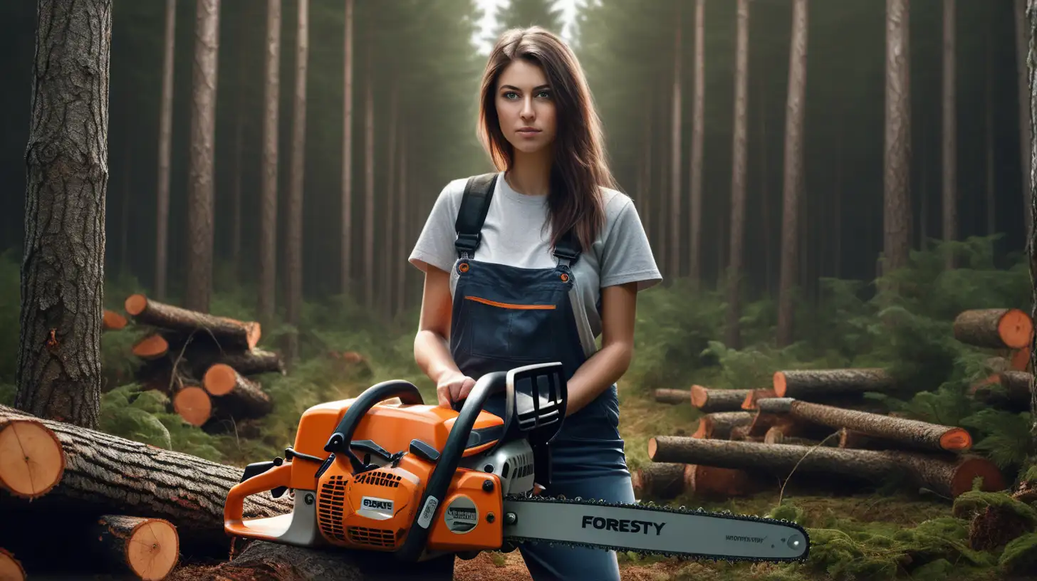 PhotoReal_girl with chainsaw in hand_forestry_trees_more