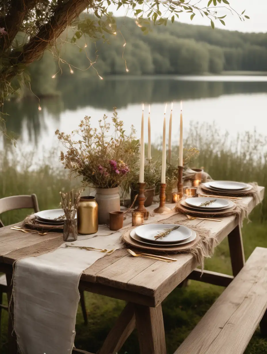 Rustic Outdoor Lakeside Dining Intimate Table Setting with Moody Flowers and Candlelight