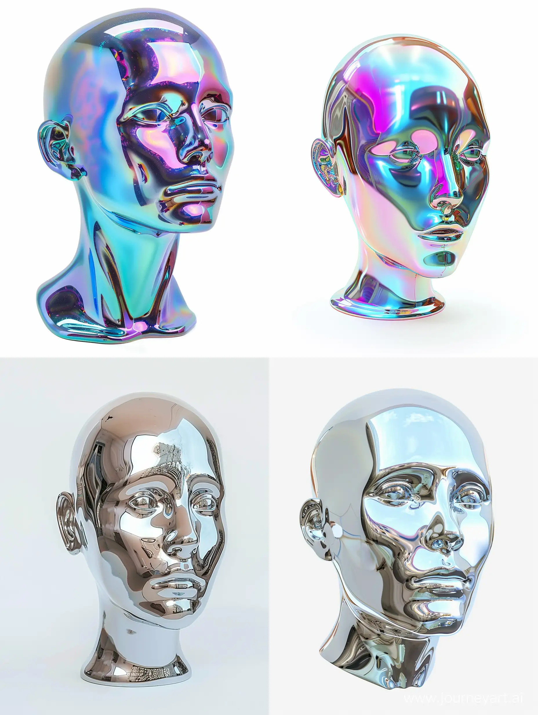 a pure glass-made, blank head form mannequin, a completely blank head with no facial structure, in a 3d chromatic shape style, white background
