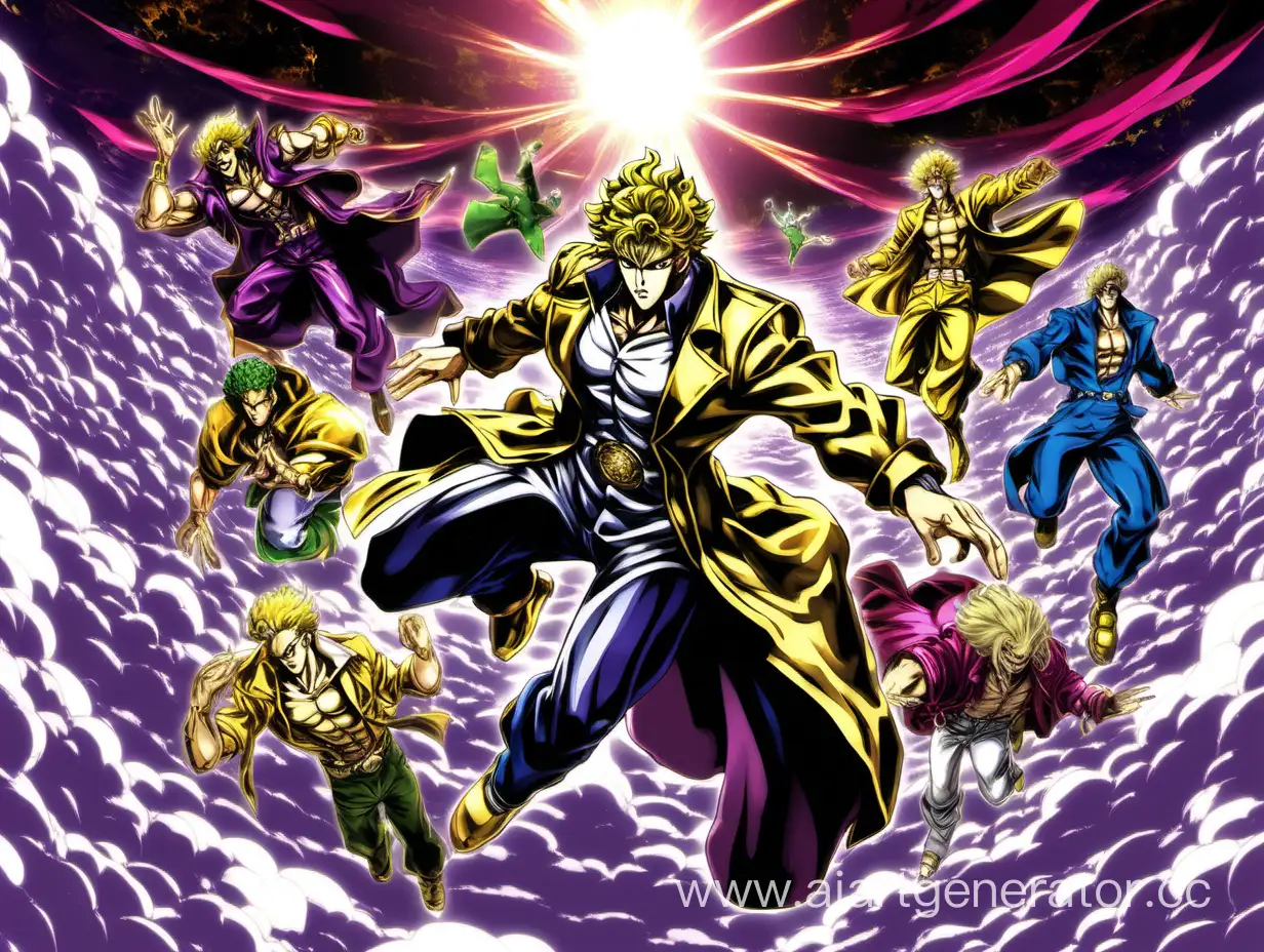 The World Over Heaven is an ascended version of The World that appears in the «JoJo’s Bizarre Adventure: Eyes of Heaven» game as Heaven Ascension DIO’s Stand. Originally, this Stand was paired with Hamon thanks to The World: Over Heaven’s passive ability. However, in an update after it’s release, it is no longer able to get the damage buff from Hamon, making it near useless on it now.