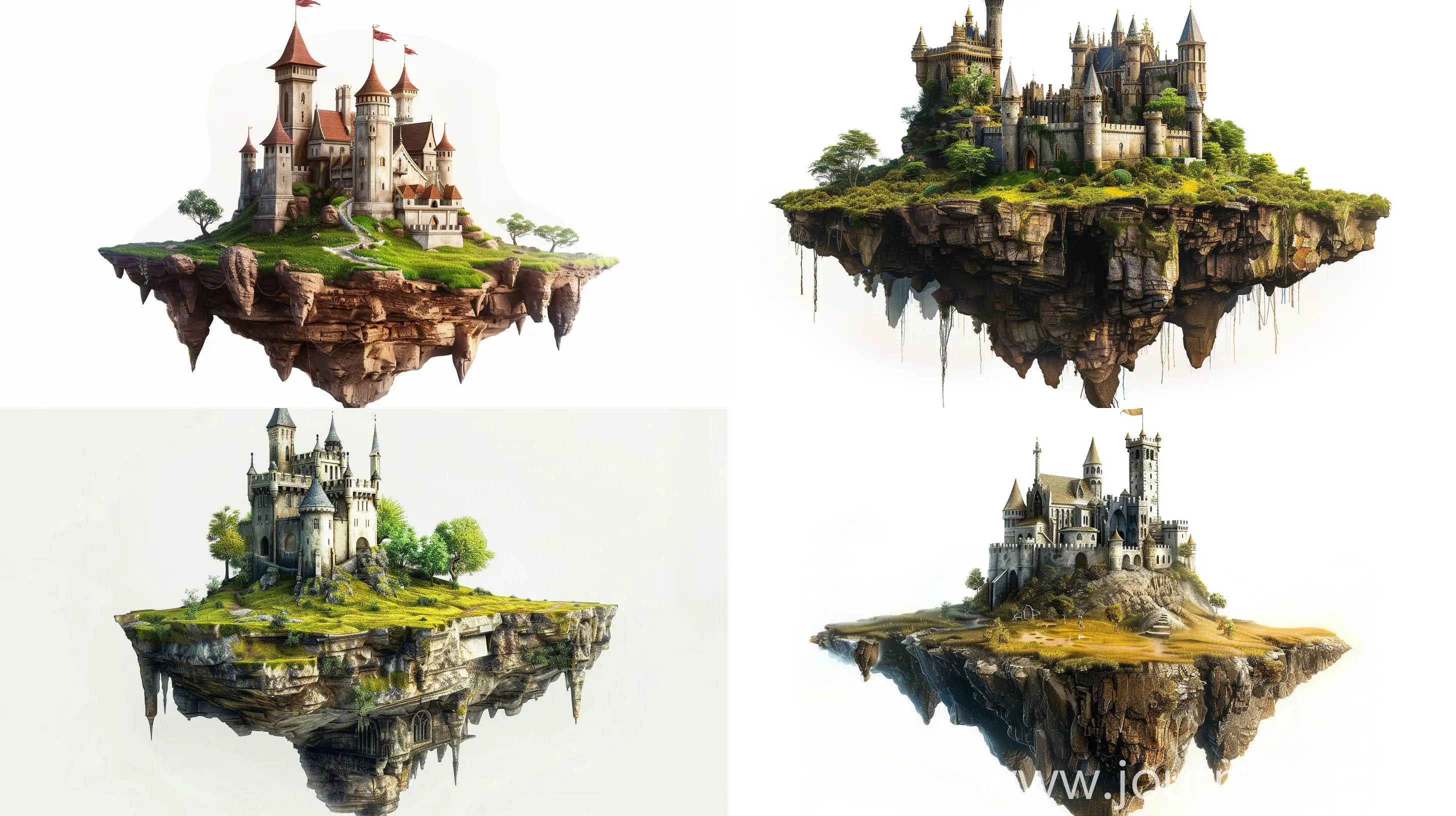 A fantasy landscape with a medieval castle on a floating island, on a clean white background" --uplight --ar 16:9
