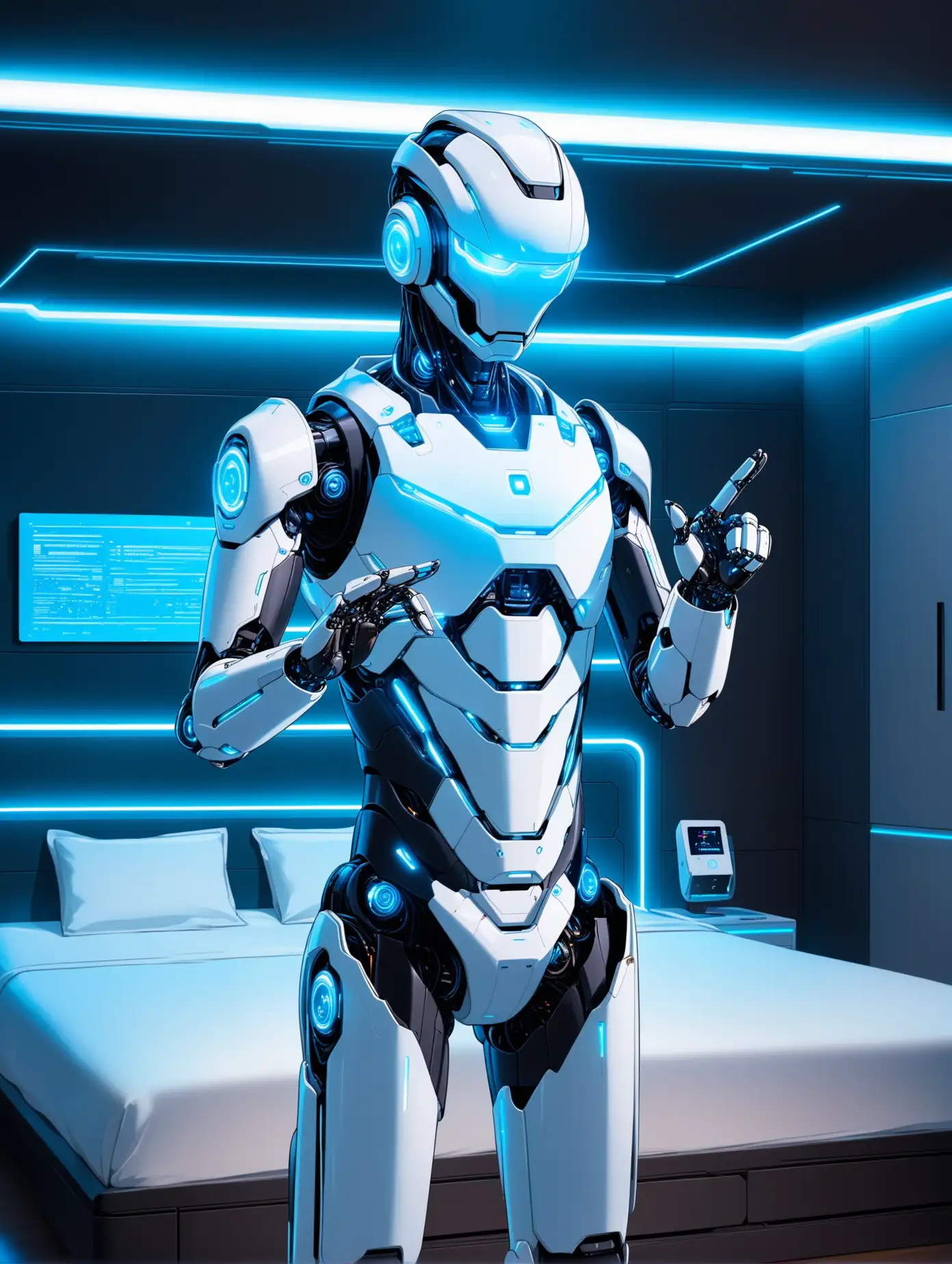 AI robot in his bedroom, He's showing off his built in functions 
His bedroom has cool futuristic, high tech aesthetic, and blue LED lights 
He's looking to the side facing the camera 
he's gesturig  like he's explaining something 