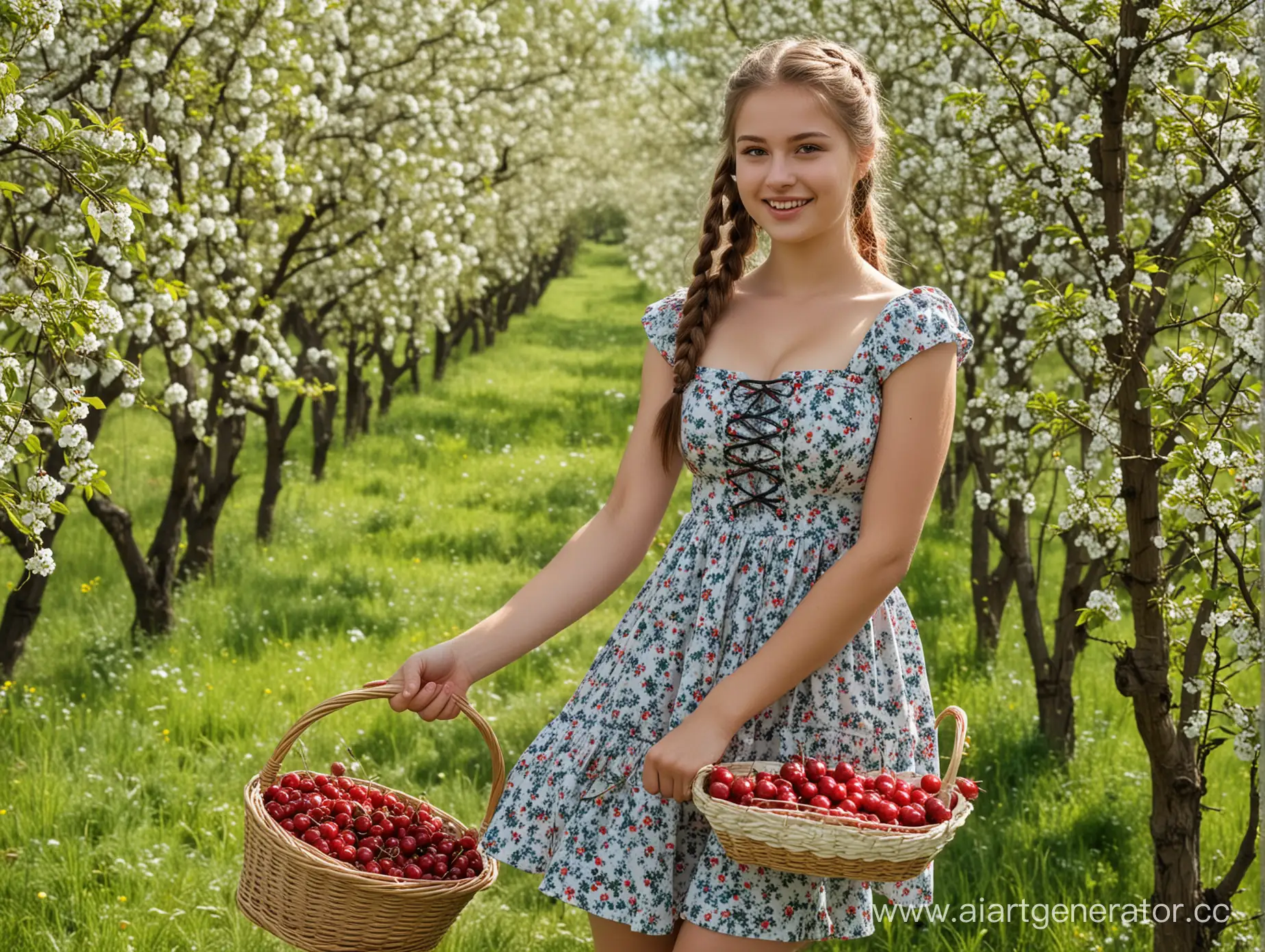 Russian-Rural-Girl-in-Calico-Sundress-with-Cherries