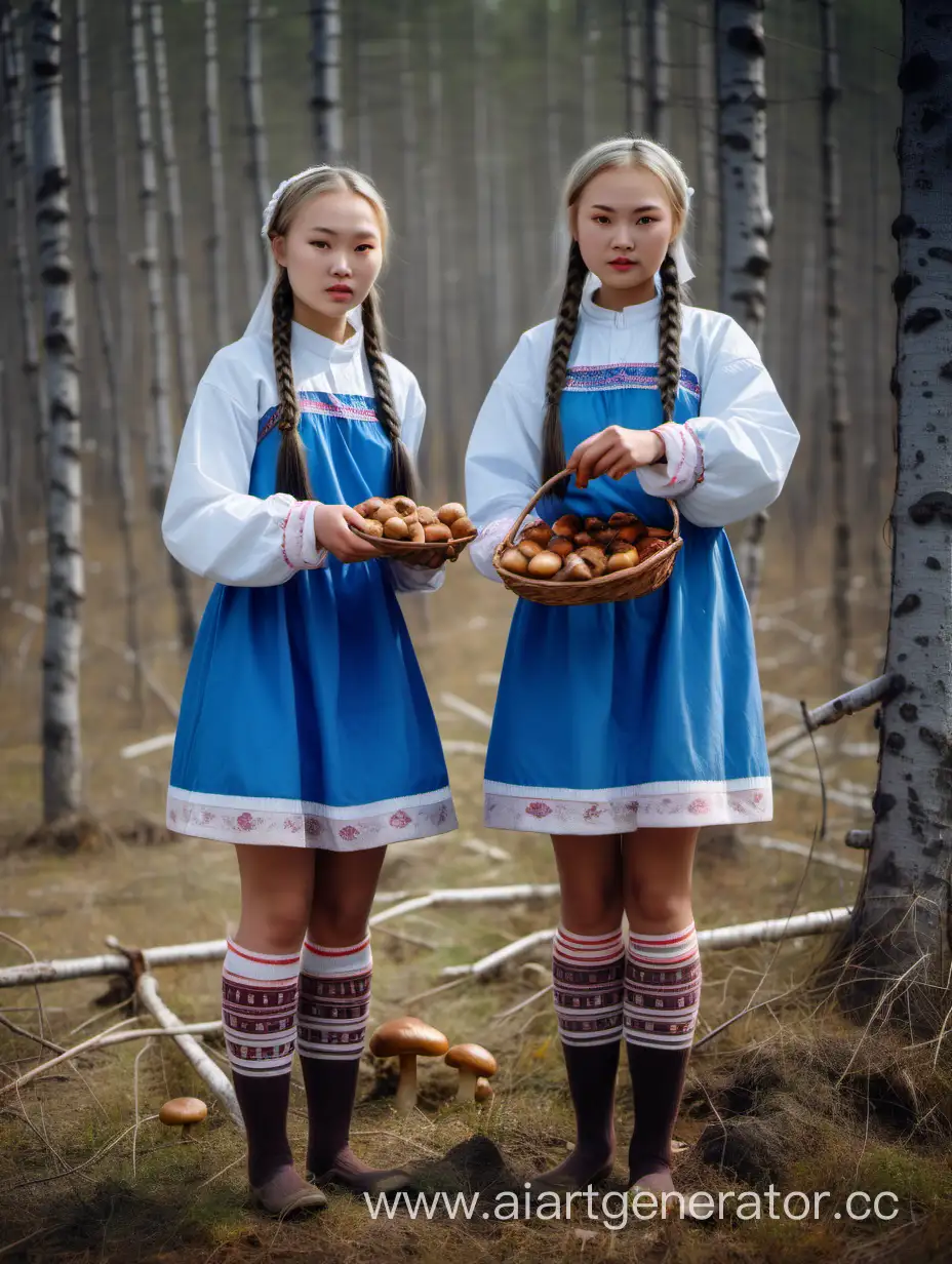 Девушки якутки в спущенных носках и национальных мини-платьях с длинными рукавами и косичками собирают грибы, полный рост